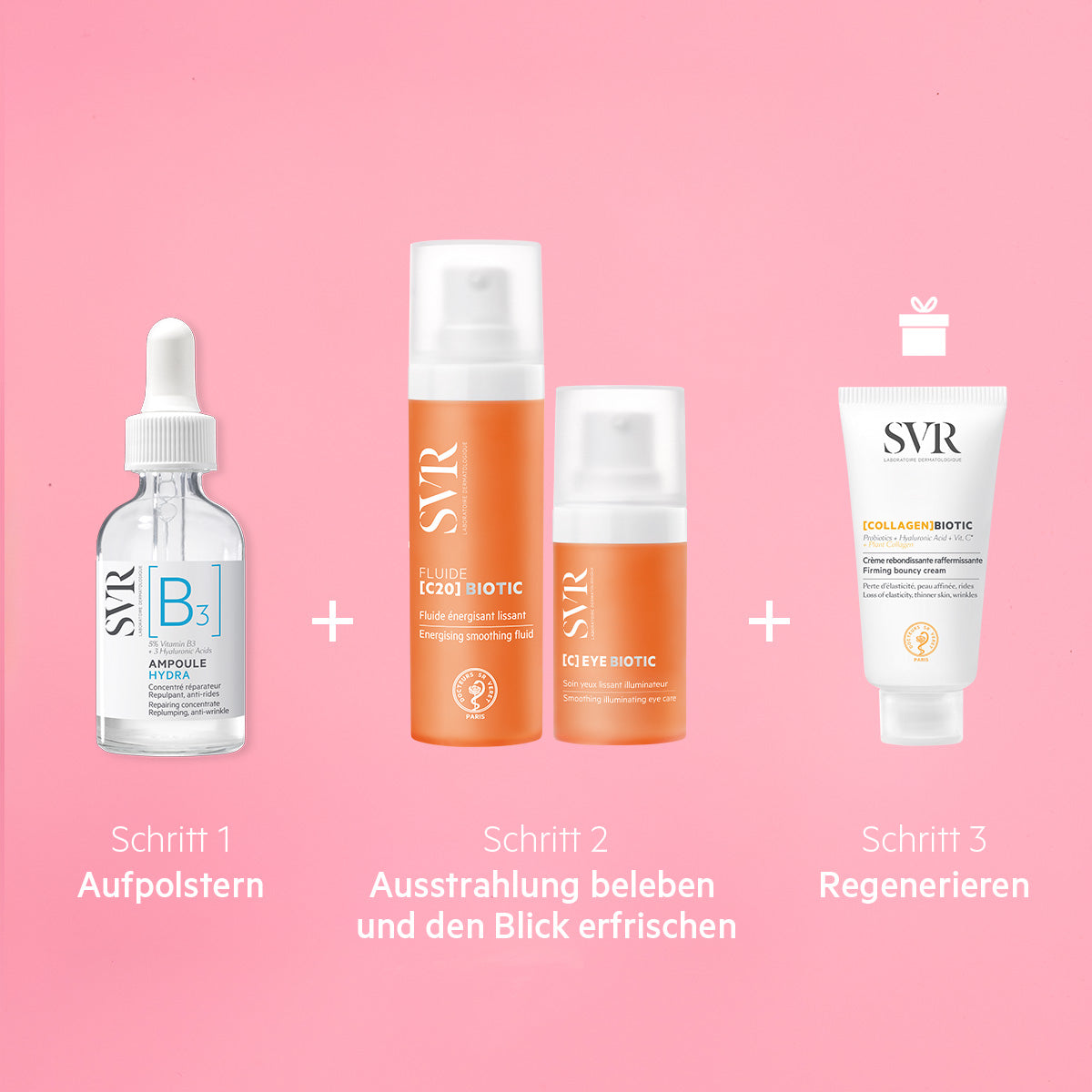 SVR Glow-Routine skincare set with a clear serum, two orange bottles, and a white firming cream tube on a pink background.