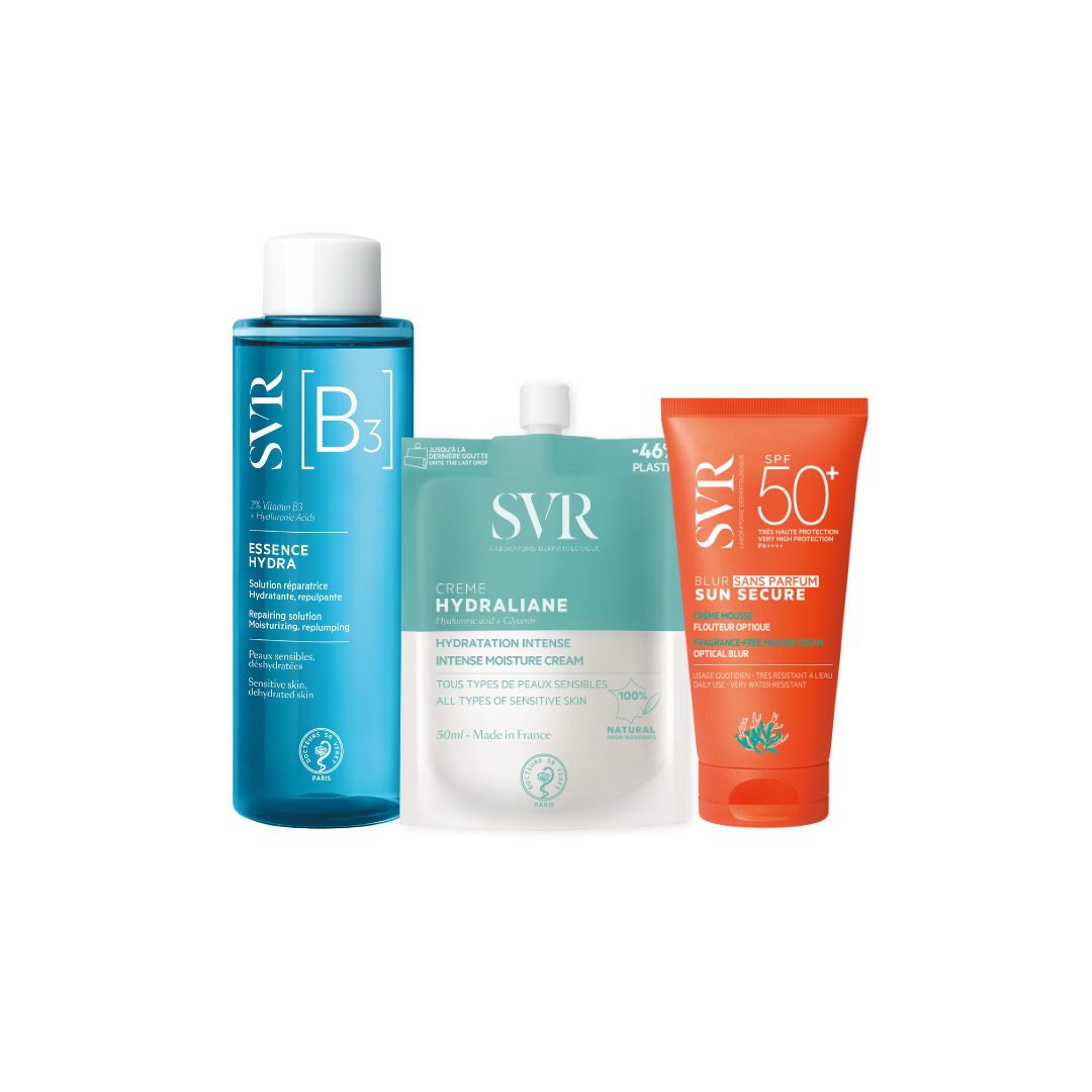 SVR Hautpflege-Set mit blauer Essence, Hydraliane Creme im Beutel und orangefarbener Sun Secure Sonnencreme SPF 50+.