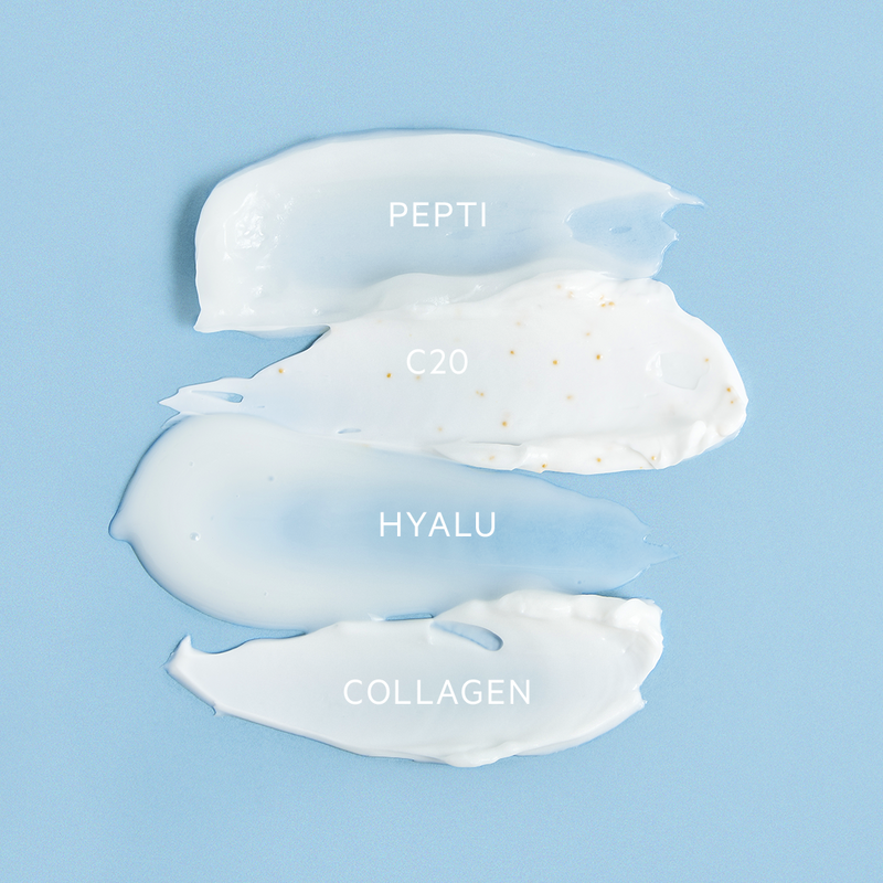 Four distinct white skincare cream textures labeled Pepti, C20, Hyalu, and Collagen on a light blue background.