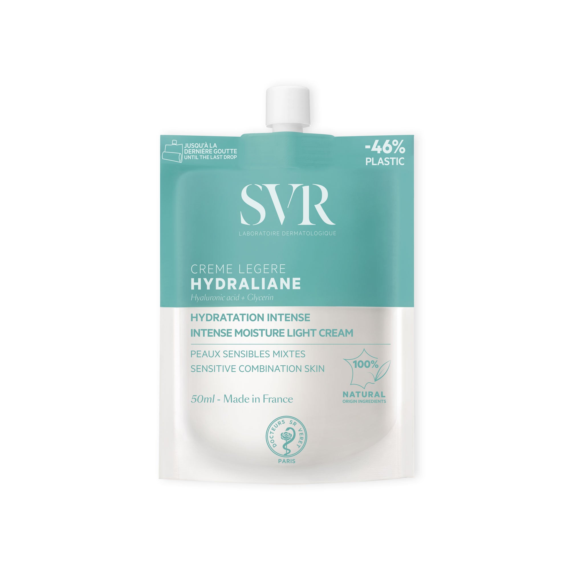 SVR Hydraliane Crème Légère in einer hellblauen, umweltfreundlichen 50ml-Nachfüllverpackung mit weißem Schraubverschluss.