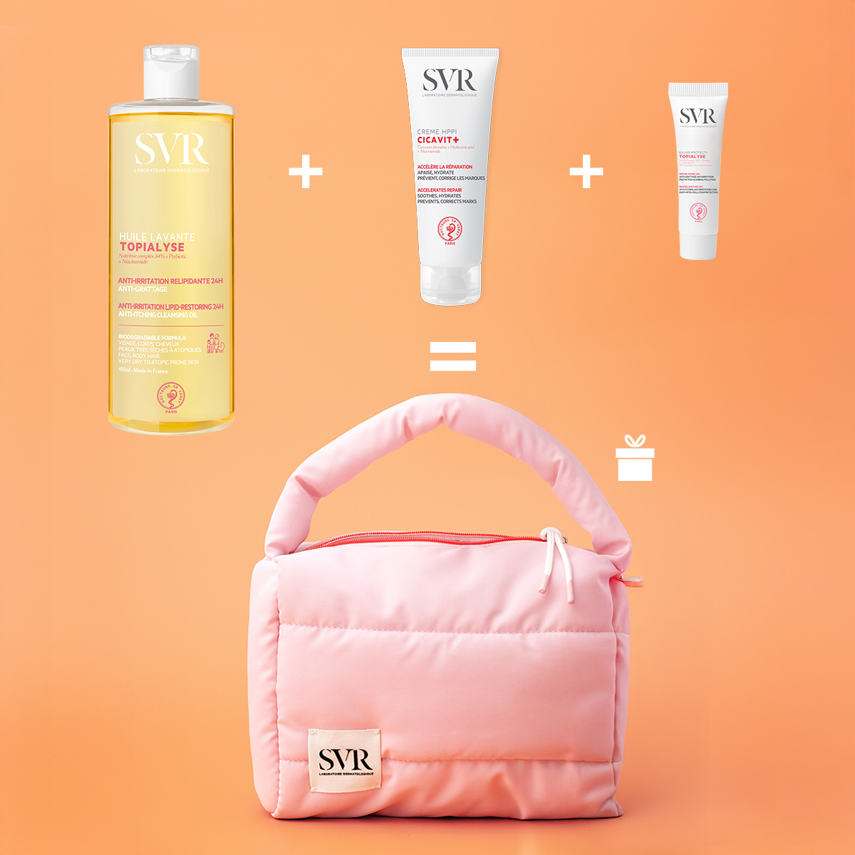 SVR Pflegeset mit drei Hautpflegeprodukten und einer gesteppten rosa Kosmetiktasche auf orangefarbenem Hintergrund.