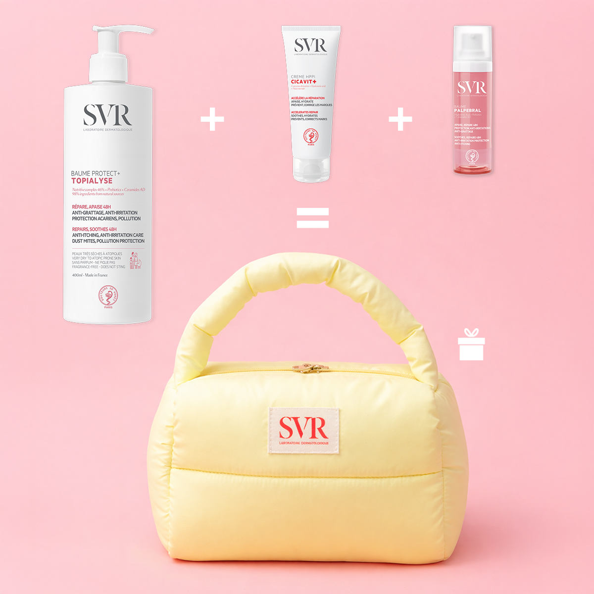 SVR Hautpflege-Set mit Topialyse Balsam, Cicavit+ Creme und Palpebral Balsam in einer gelben, gepolsterten Kosmetiktasche.