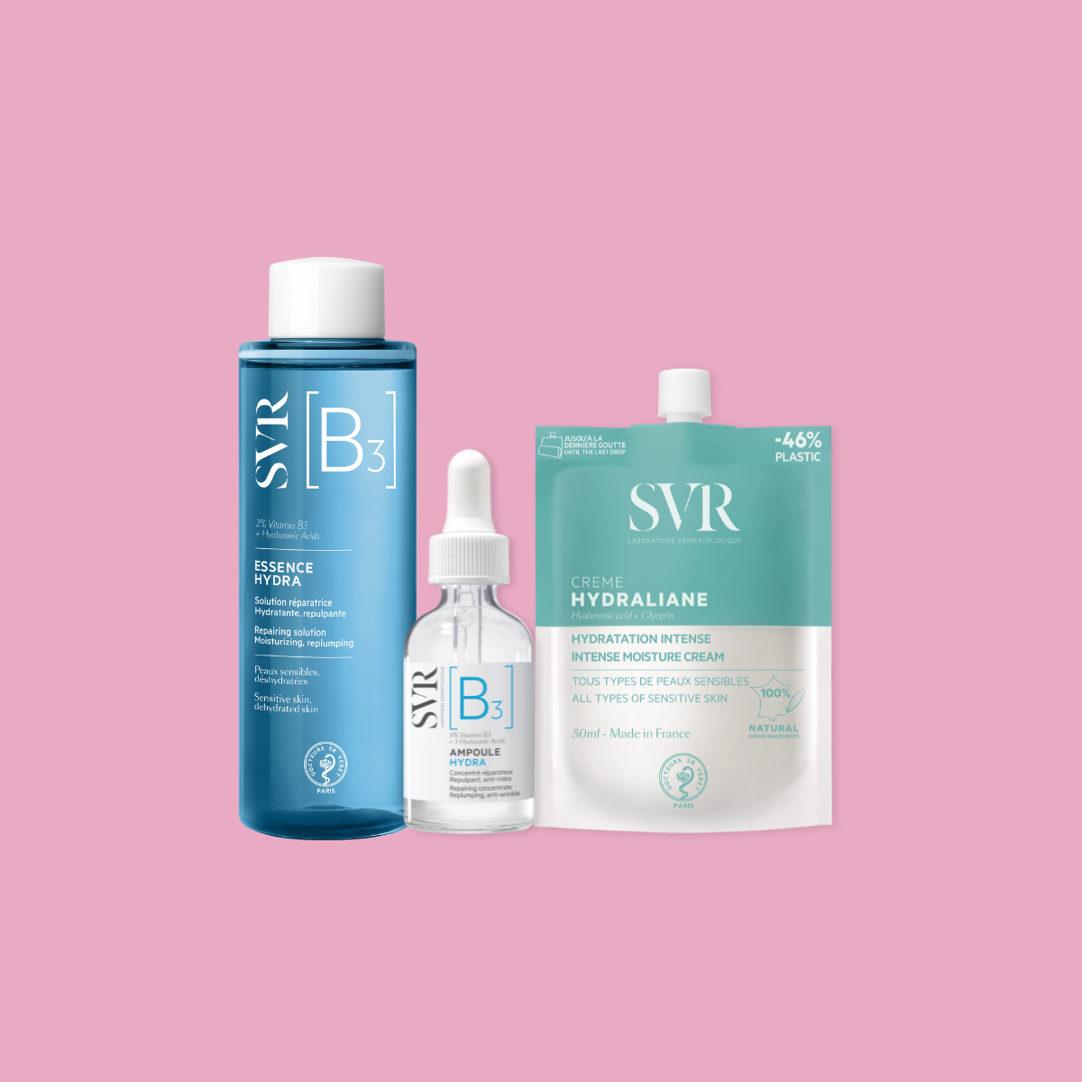 SVR Feuchtigkeits-Boost-Routine mit blauem Essence Hydra Flakon, Ampoule Hydra Serum und Hydraliane Creme im Beutel.