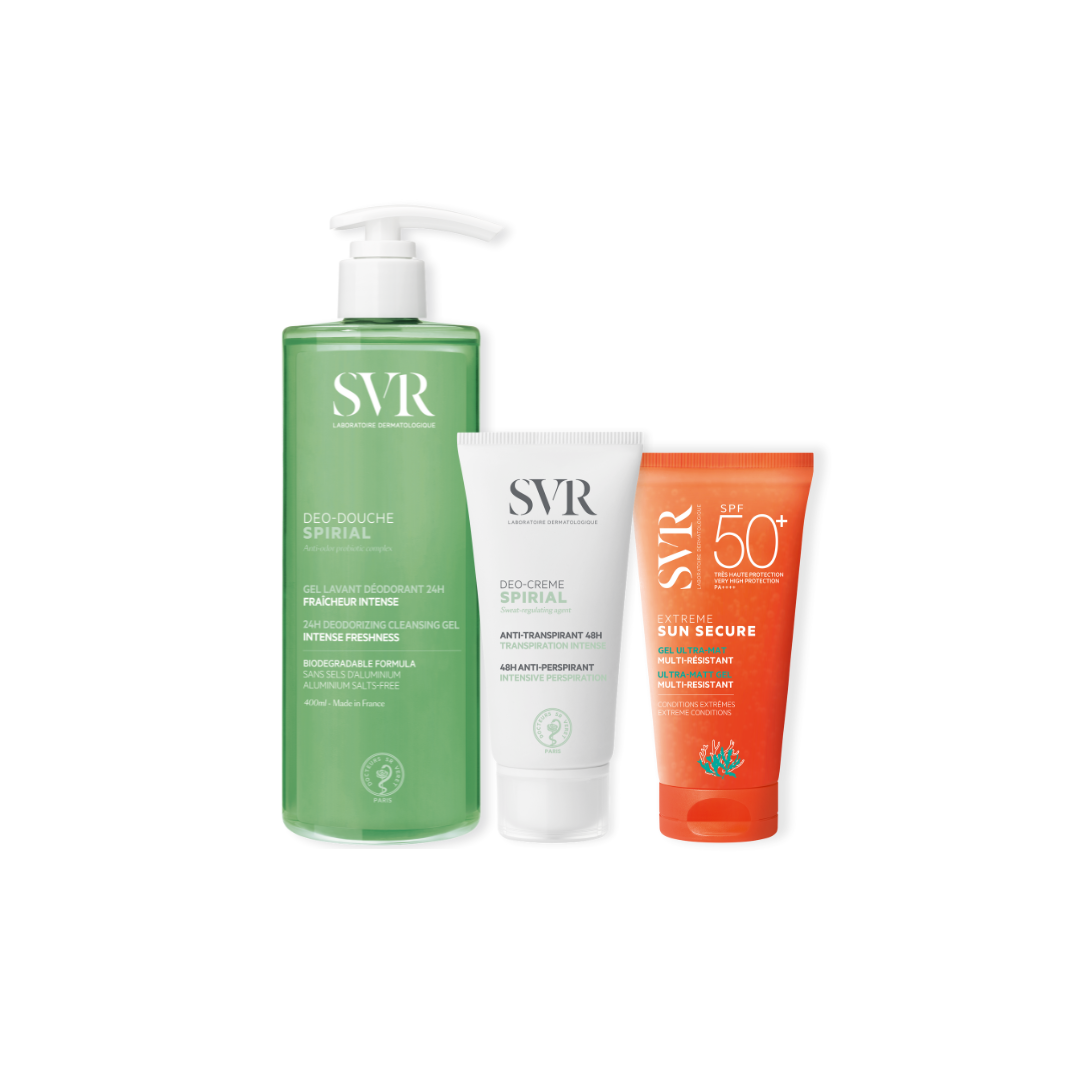 SVR Sport-Routine set with green deodorizing shower gel, white anti-perspirant cream, and orange SPF 50+ sunscreen.