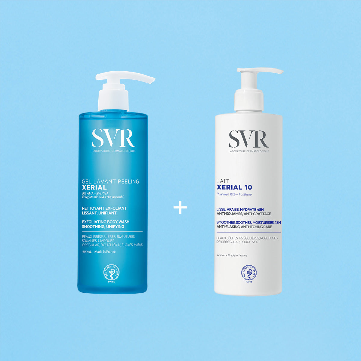 SVR XERIAL New Skin Duo featuring a blue exfoliating body wash bottle and a white moisturizing lotion bottle.