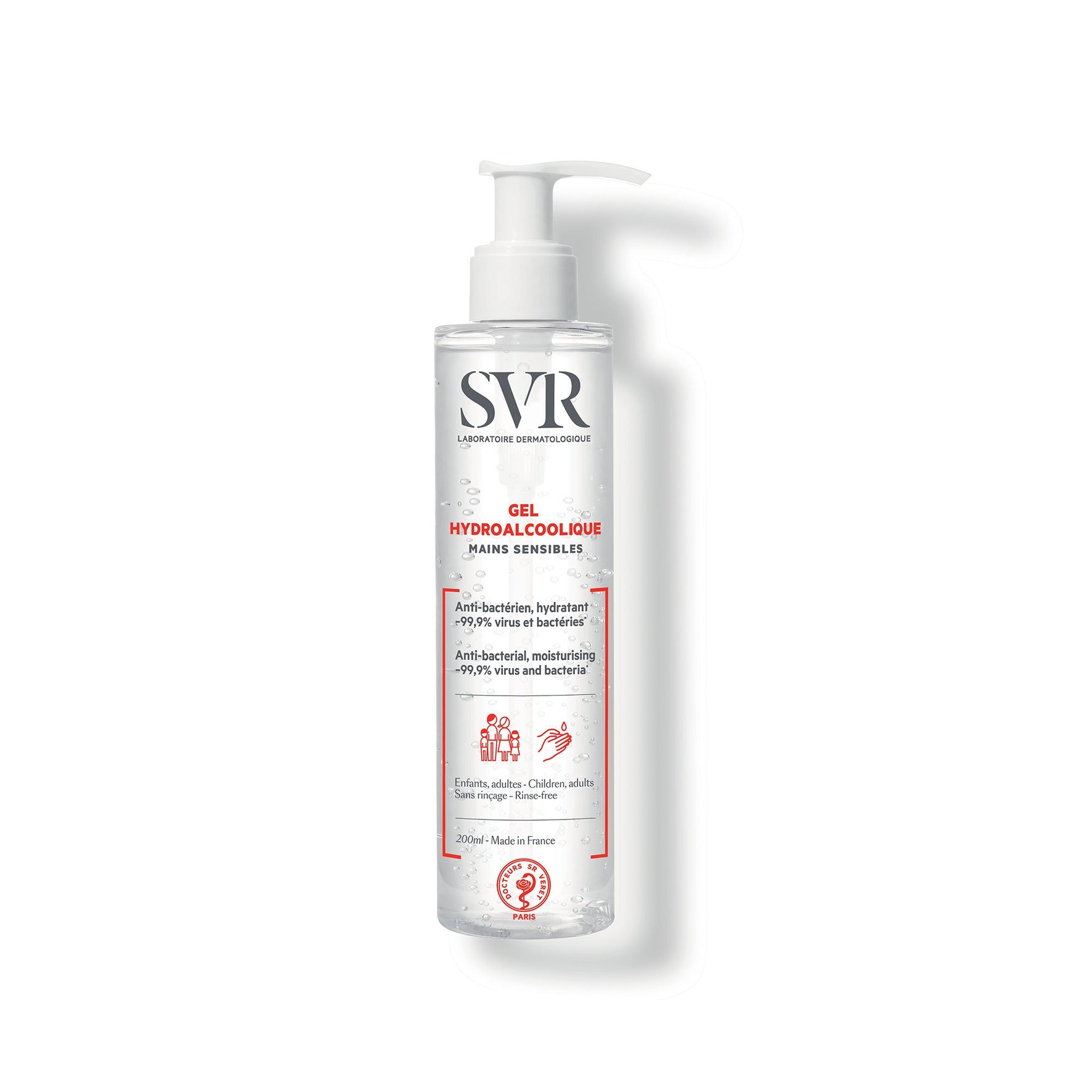 SVR Handdesinfektionsgel in einer transparenten 200ml-Pumpspenderflasche für sensible Haut.