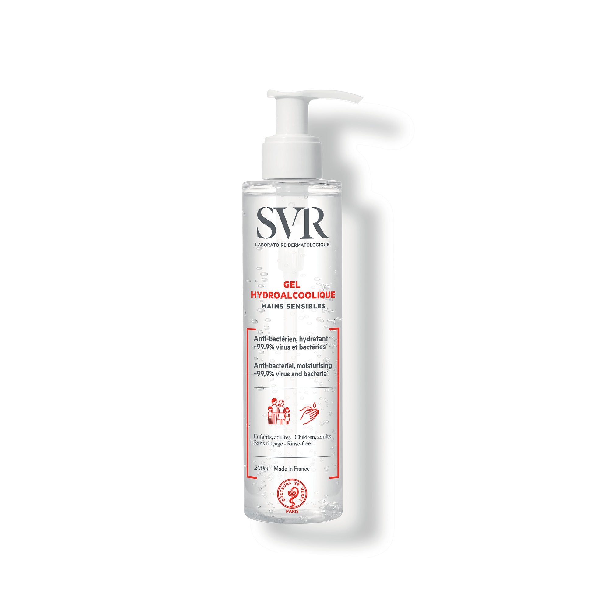 SVR Handdesinfektionsgel in einer transparenten 200ml-Pumpspenderflasche für sensible Haut.