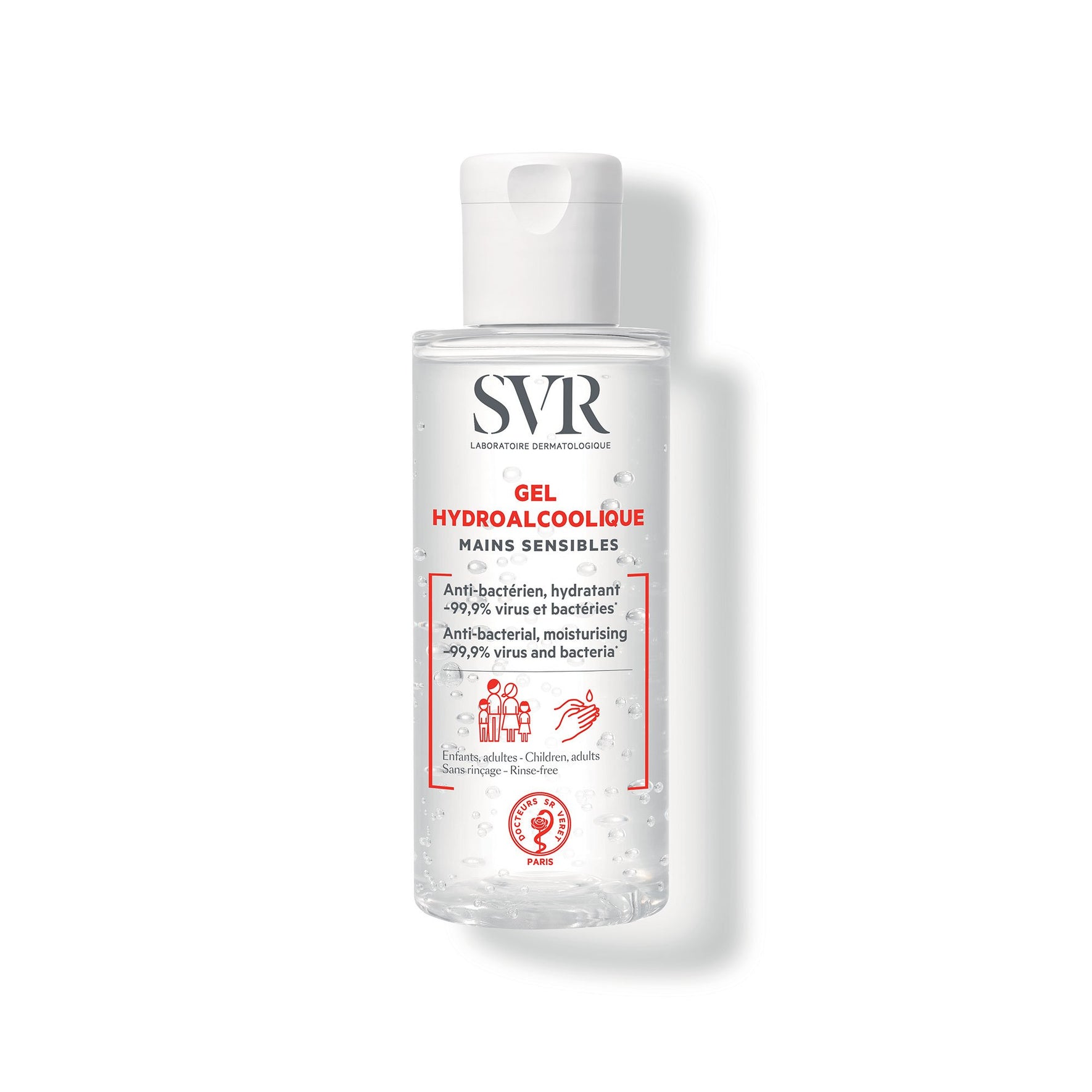 Transparente Flasche mit SVR Gel Hydroalcoolique für sensible Hände, weißer Klappdeckel, 99,9% antibakterielle Formel.