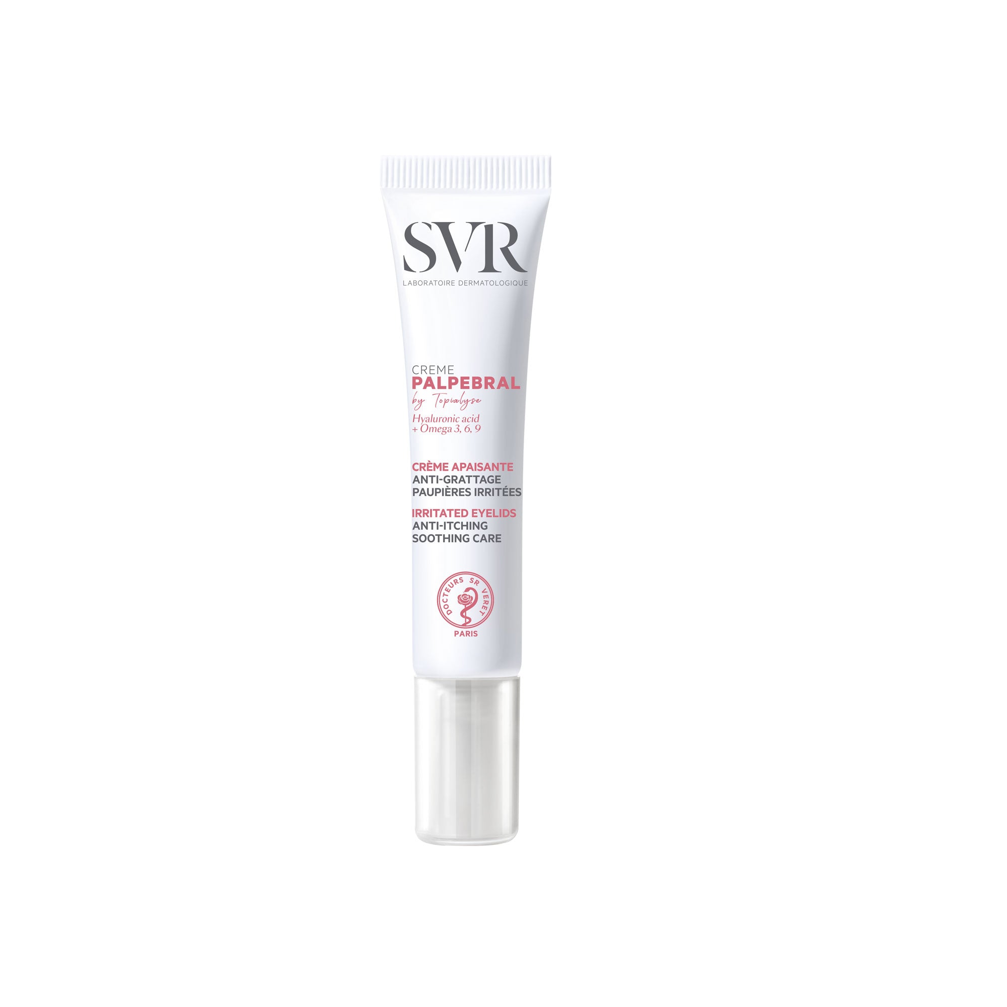 SVR Palpebral Crème 1ml white squeeze tube for soothing irritated eyelids with hyaluronic acid and omega 3, 6, 9.