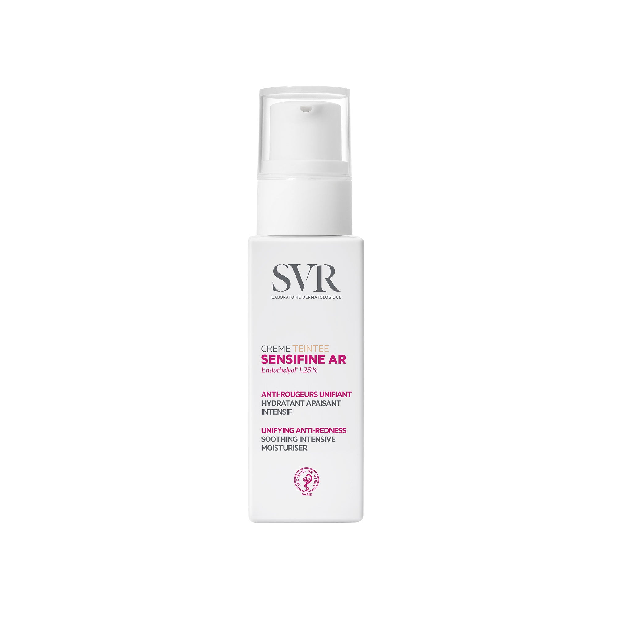 SVR Sensifine AR Crème Teintée anti-redness moisturizer in a white pump bottle with clear cap.