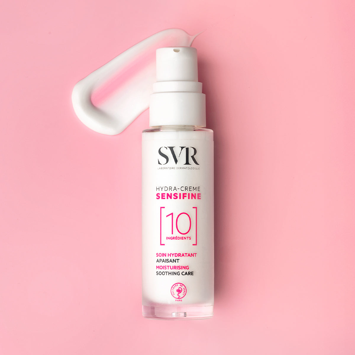 SVR Sensifine Hydra-Crème pump bottle with a white cream swatch on a soft pink background.