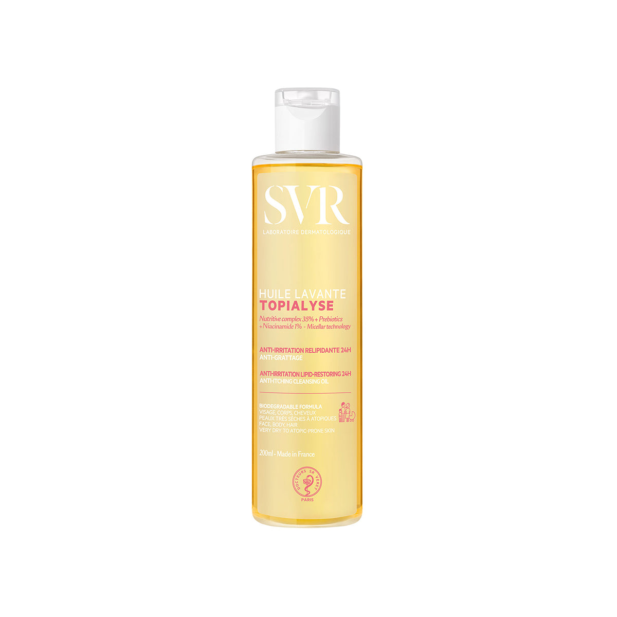 SVR TOPIALYSE Huile Lavante 200ml Reinigungsöl in transparenter Flasche mit weißem Klappdeckel und goldener Textur.