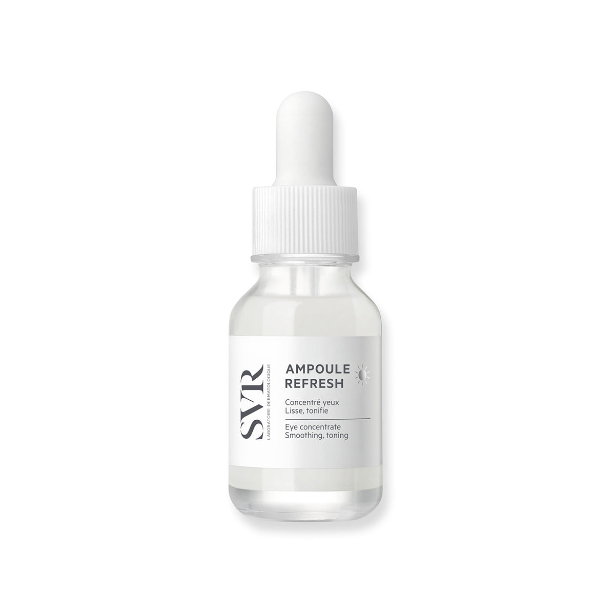 SVR Ampoule Refresh Augenserum in einer transparenten Glasflasche mit weißem Pipettenverschluss auf weißem Hintergrund.