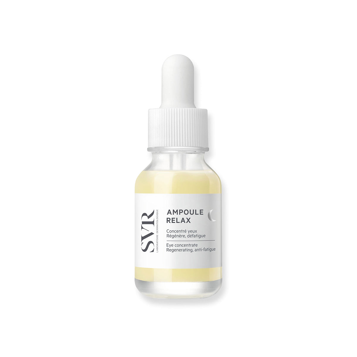 SVR Ampoule Relax Augenkonzentrat in einer Glasflasche mit weißer Pipette und gelblichem Serum vor weißem Hintergrund.