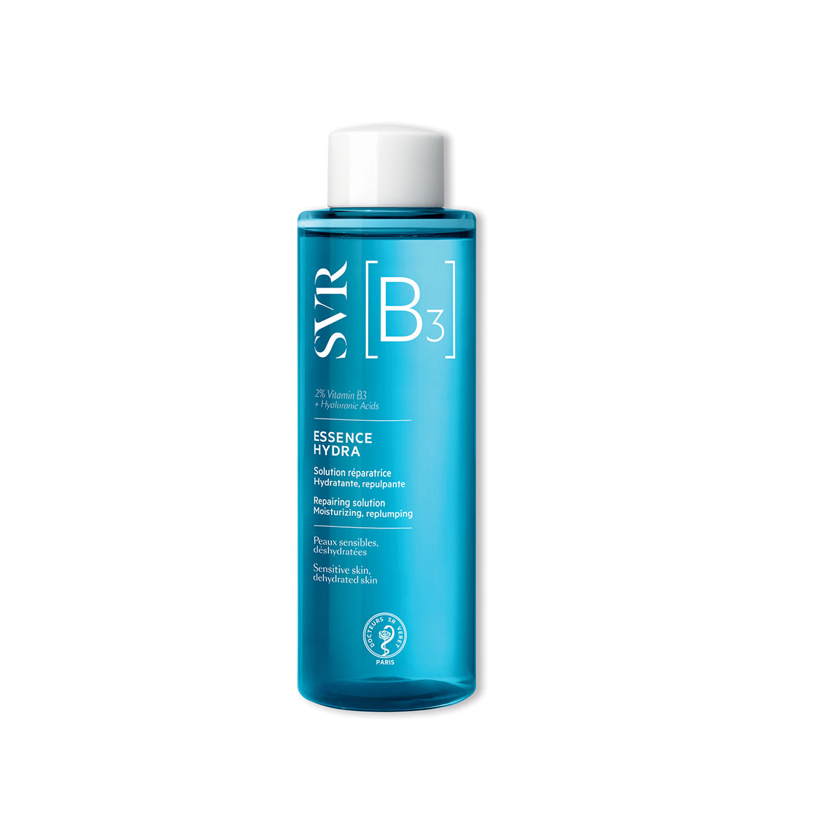 SVR [B3] Essence Hydra in einer blauen, transparenten Flasche mit weißem Schraubverschluss auf weißem Hintergrund.