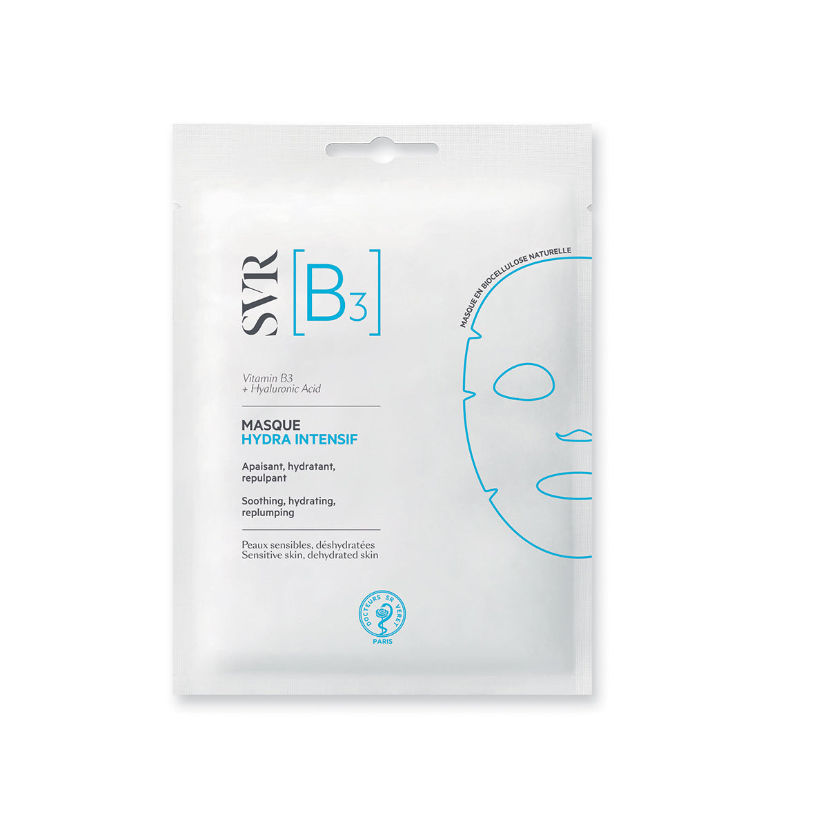 Weiße SVR [B3] Masque Hydra Intensif Biozellulose-Maske mit blauem Logo und Produktinformationen auf der Verpackung.