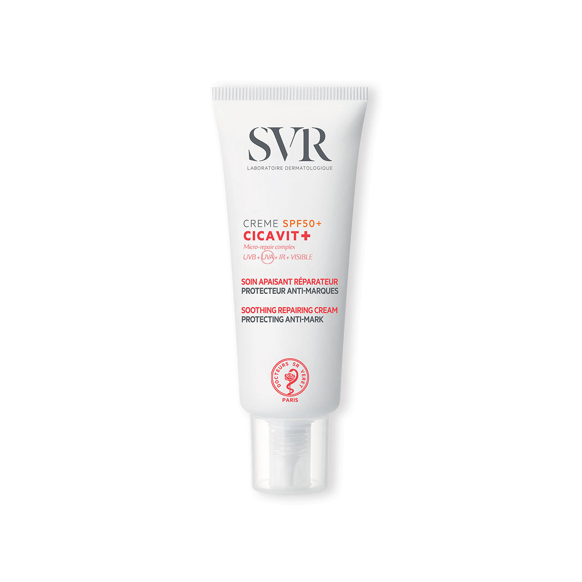 Weiße SVR Cicavit+ Crème SPF50+ Tube mit roter und schwarzer Schrift, inklusive Dosierkopf auf weißem Hintergrund.
