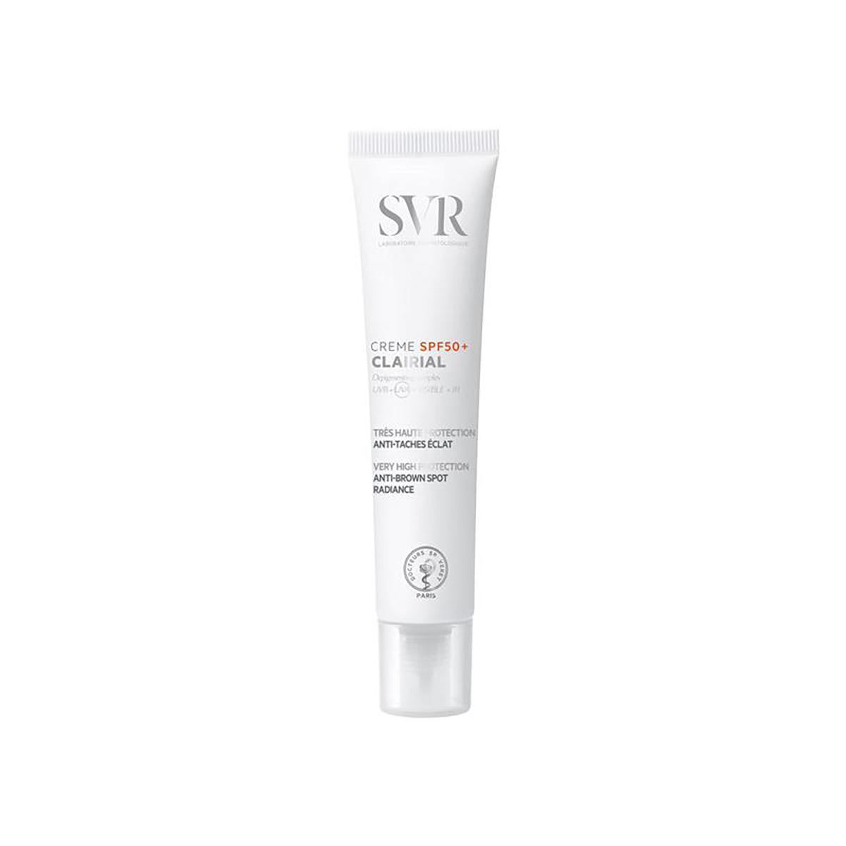 Weiße SVR Clairial Crème SPF50+ Tube mit schwarzer Beschriftung und transparentem Verschluss gegen Pigmentflecken.