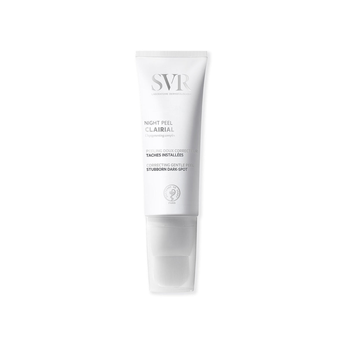 Weiße SVR Clairial Night Peel Tube mit Pinselapplikator zur Korrektur von Pigmentflecken auf weißem Hintergrund.