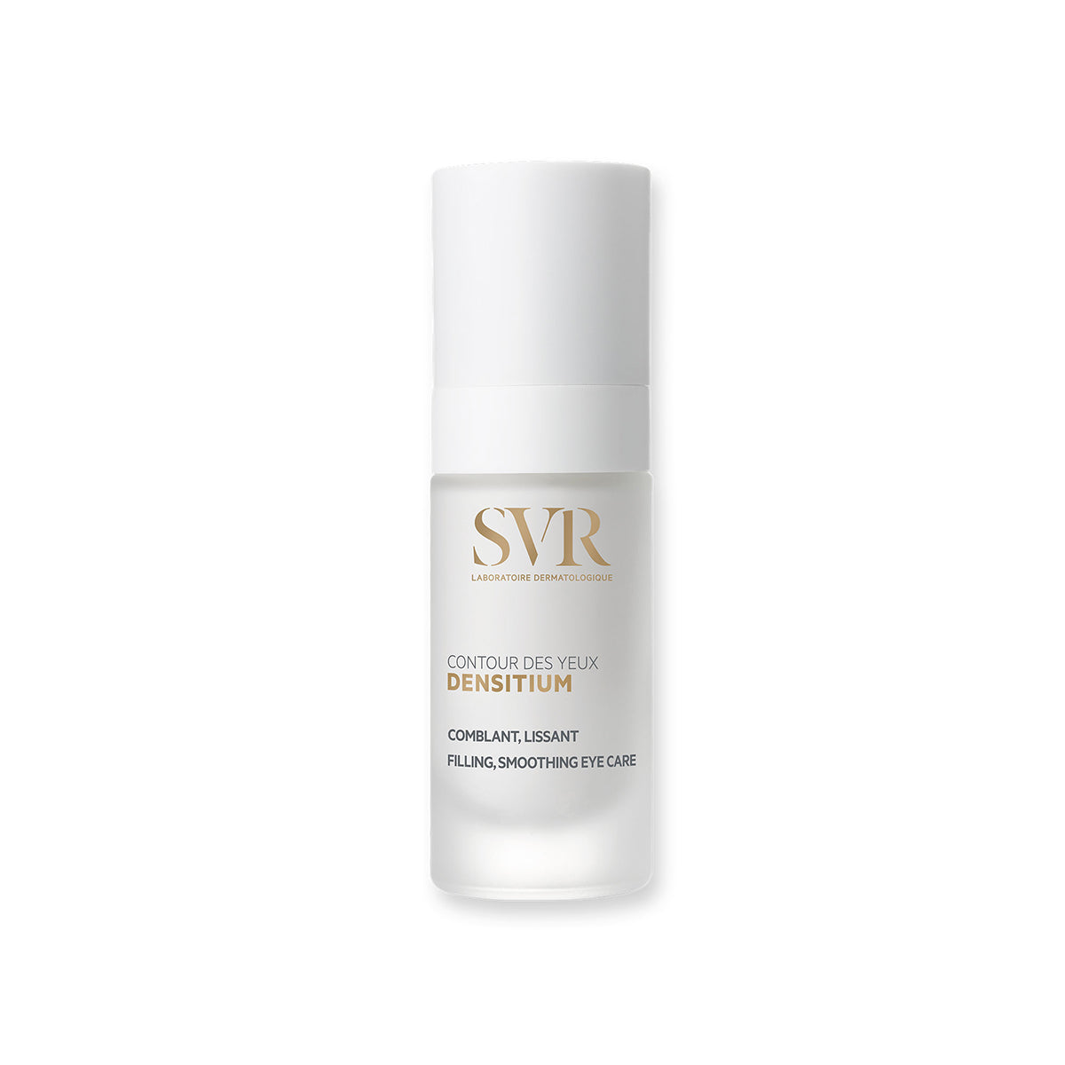 SVR DENSITIUM Contour des Yeux Augenpflege in einem weißen, halbtransparenten Spender mit goldener Beschriftung.
