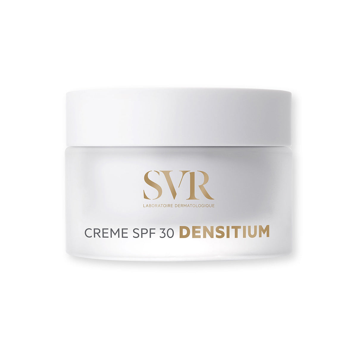 SVR Densitium Crème SPF30 in a frosted glass jar with a white lid and gold lettering on a white background.