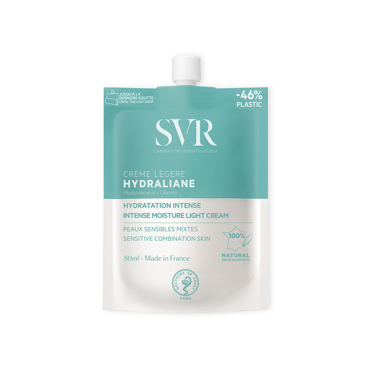 SVR Hydraliane Crème Légère in einer hellblauen, umweltfreundlichen 50ml-Nachfüllbeutel-Verpackung mit weißem Schraubverschluss.