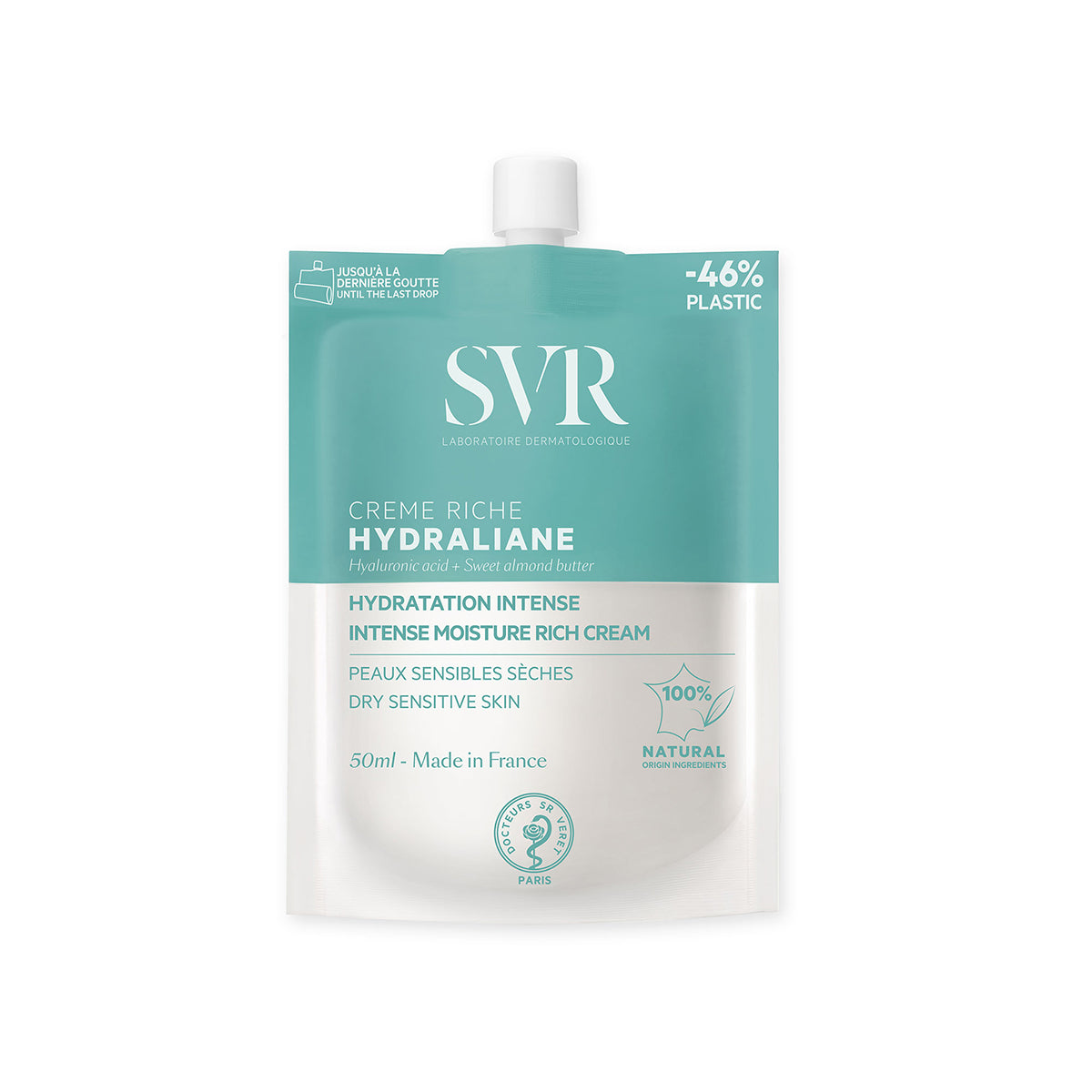 SVR Hydraliane Crème Riche in einem hellblauen, nachhaltigen 50ml-Beutel für trockene und empfindliche Haut.