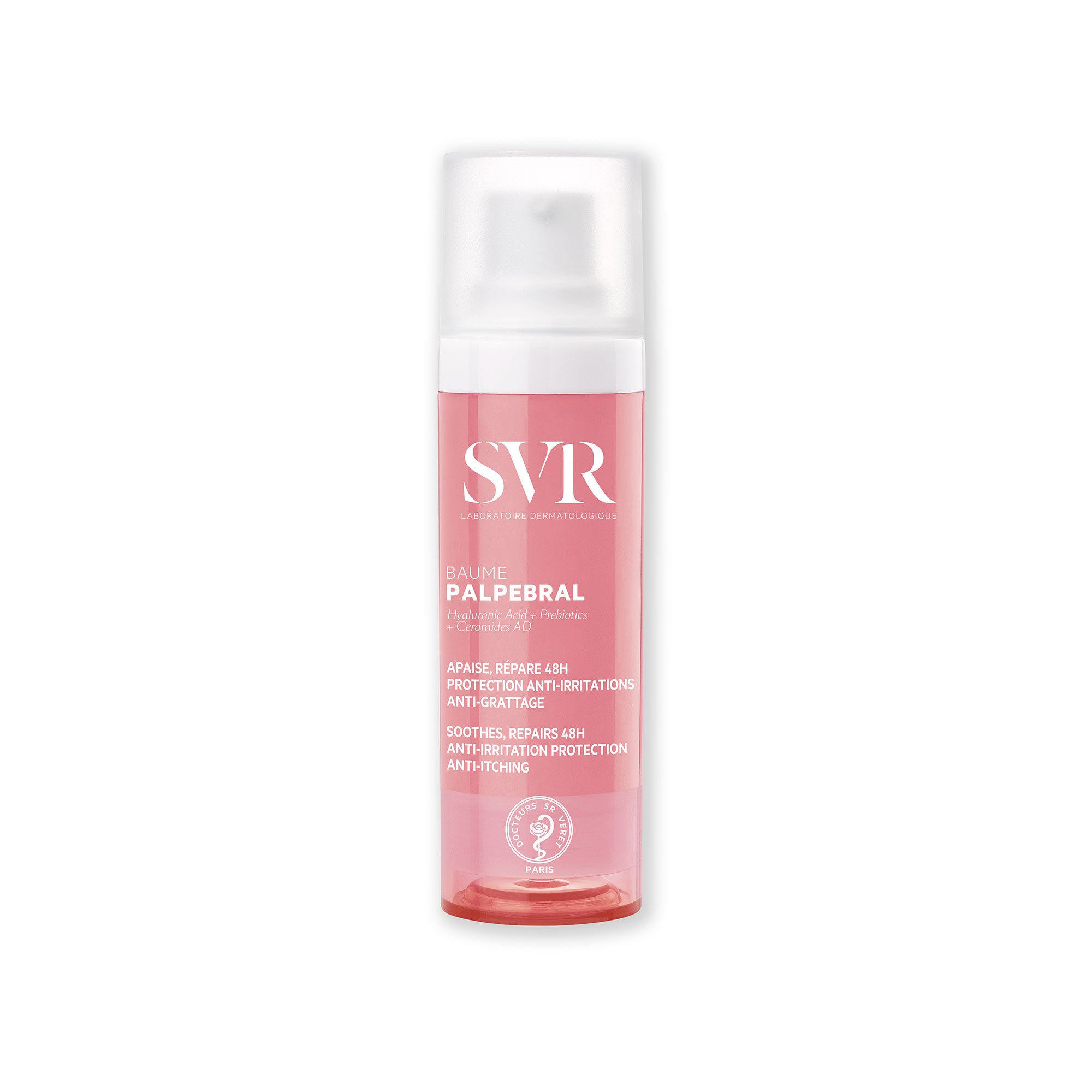 SVR PALPEBRAL Baume Pumpspender in Rosa mit weißer Kappe und Hyaluronsäure-Formel zur Beruhigung gereizter Augenpartien.