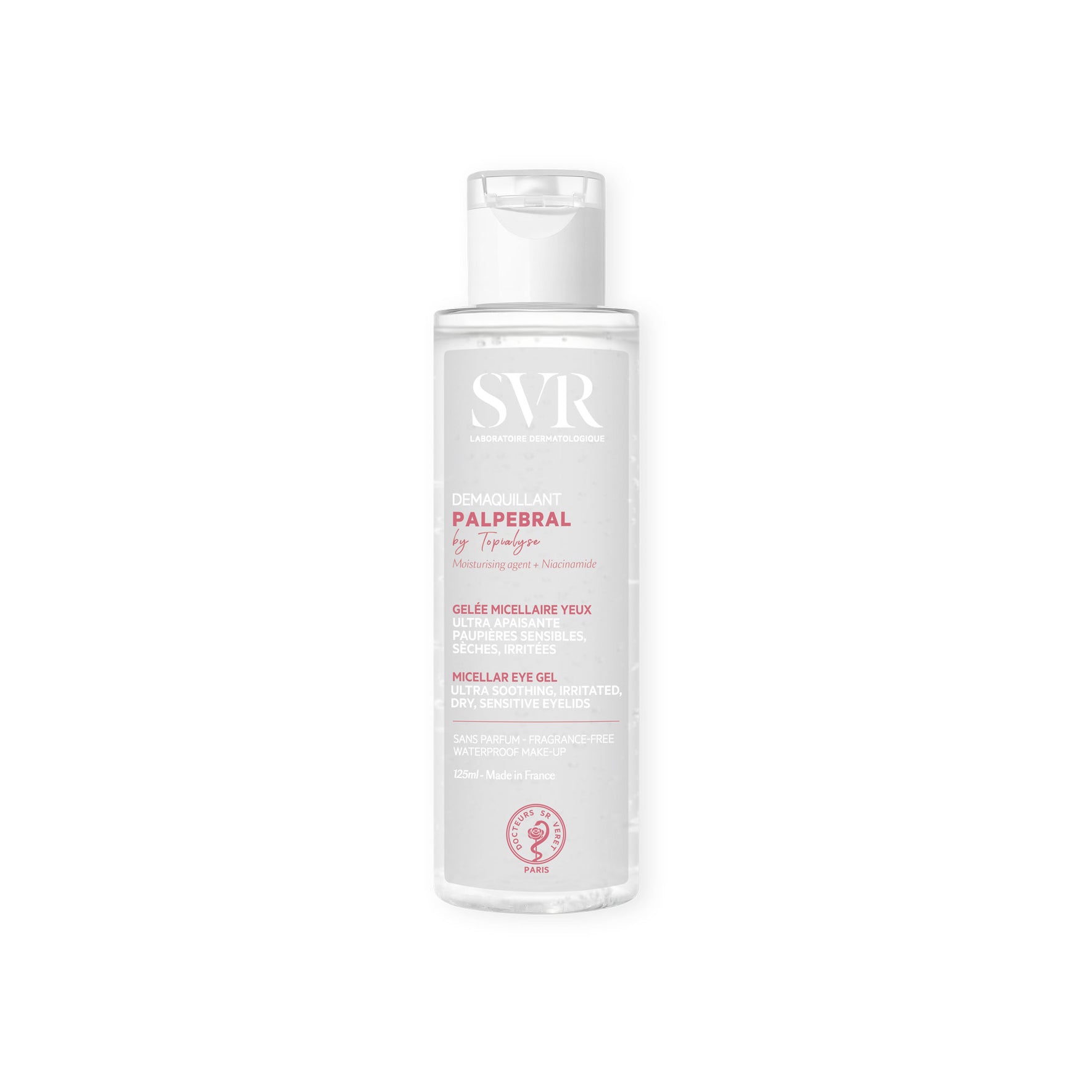 SVR Palpebral Démaquillant 125ml Augen-Make-up-Entferner in einer transparenten Flasche mit weißem Klappdeckel.