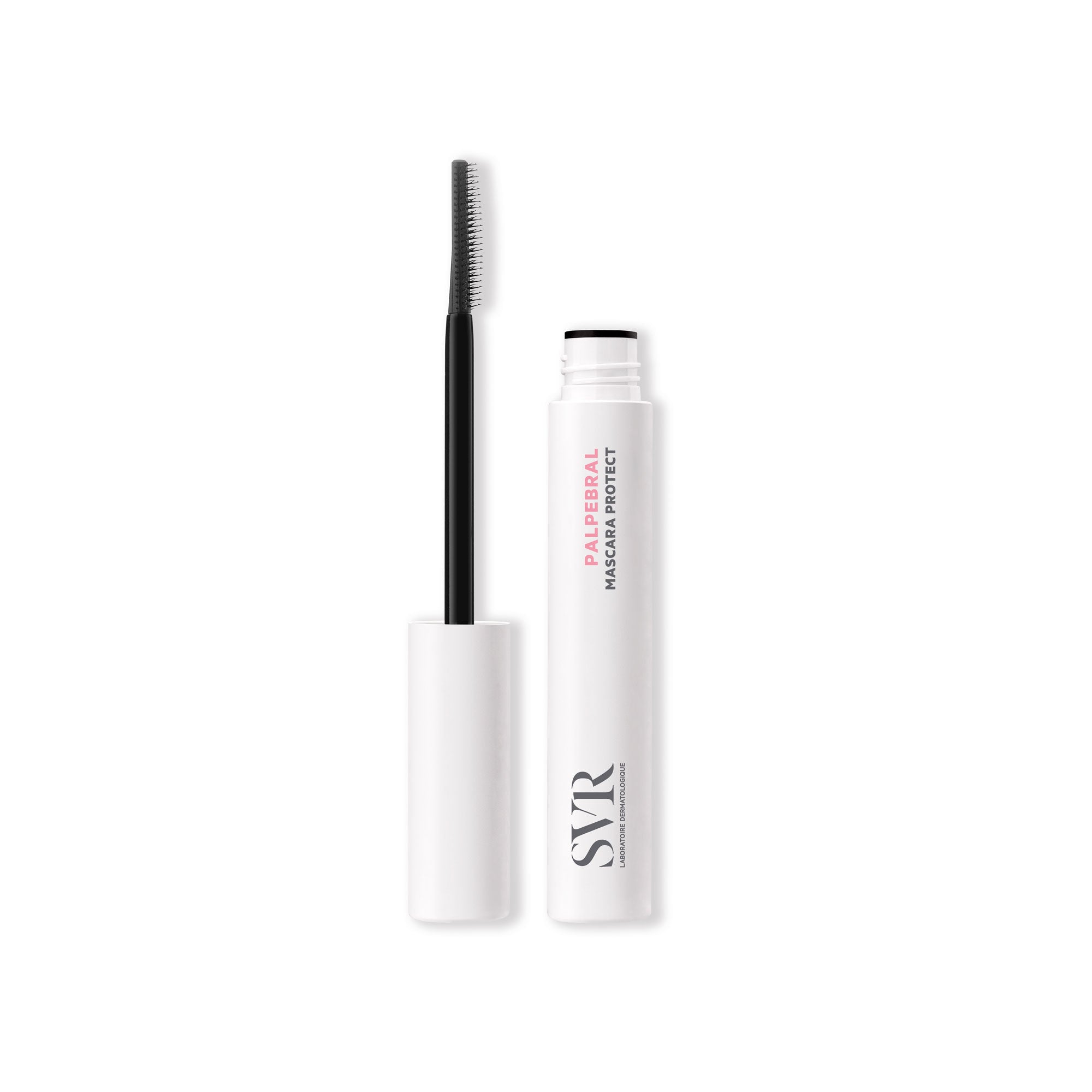 Weiße SVR PALPEBRAL Mascara Protect Tube mit schwarzem Applikatorbürstchen vor weißem Hintergrund.