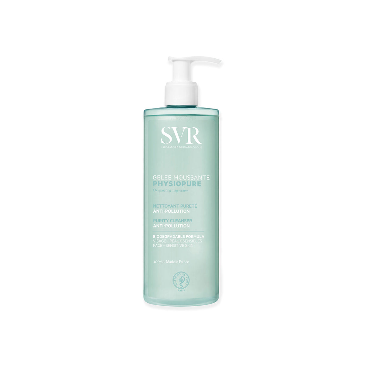 SVR PHYSIOPURE Gelée Moussante 400ml Reinigungsgel in einer hellgrünen, transparenten Flasche mit weißem Pumpspender.