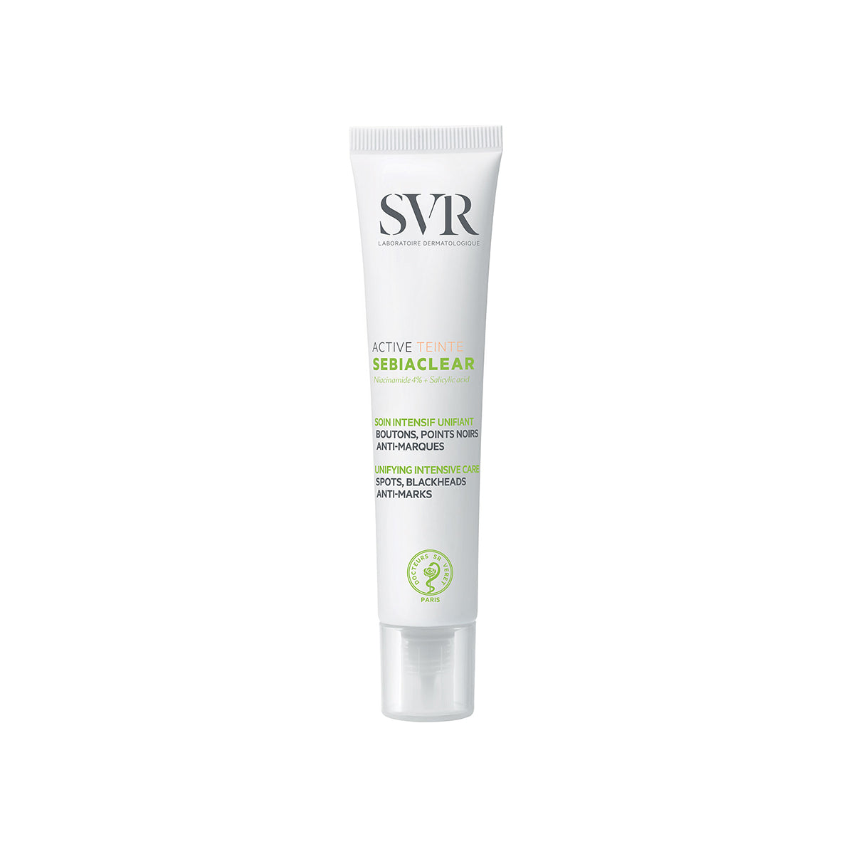 SVR SEBIACLEAR Active Teinté Creme in einer weißen Tube mit grünem Aufdruck und transparentem Verschluss.