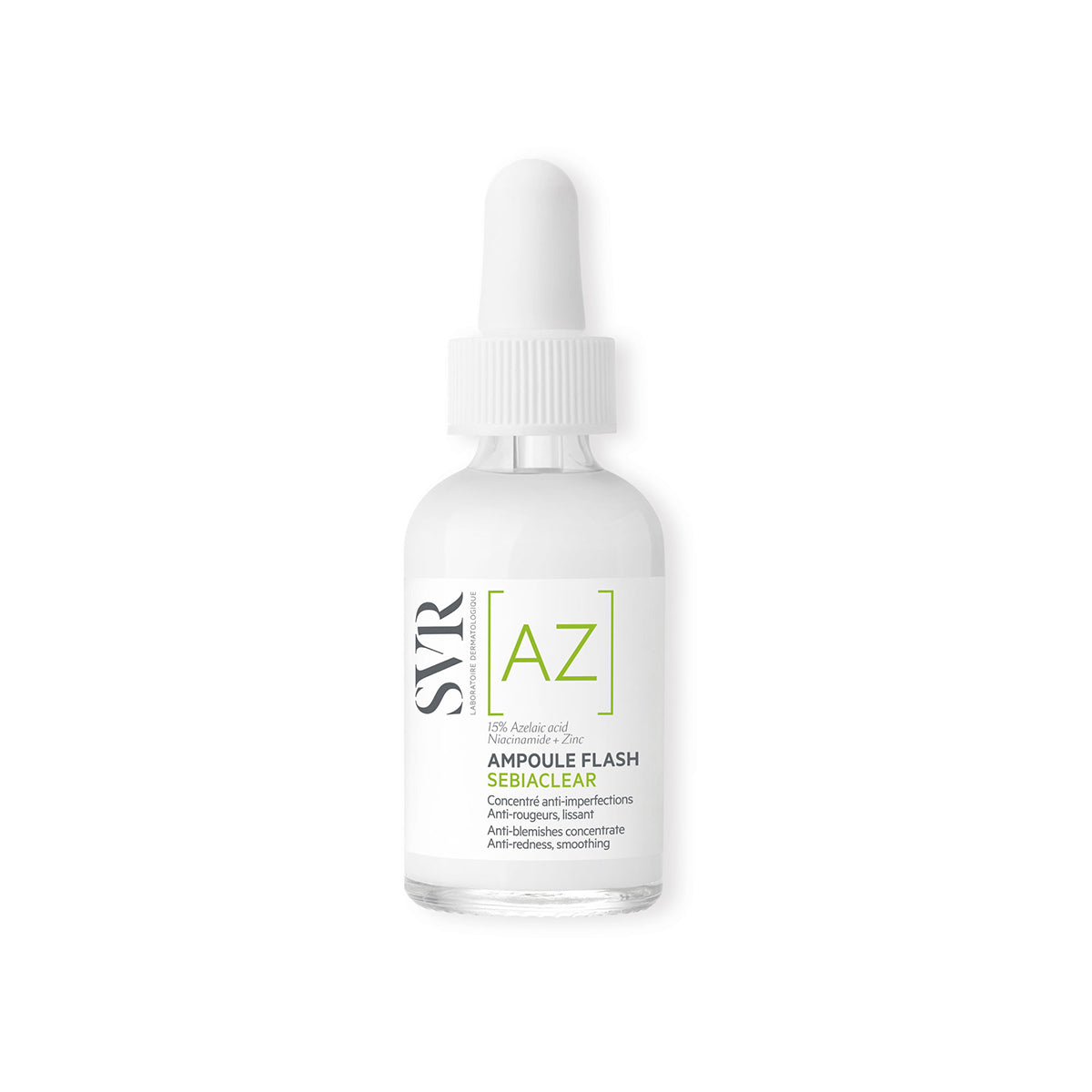 SVR Sebiaclear Ampoule Flash Serum in einer transparenten Glasflasche mit weißem Pipettenverschluss und grünem Etikett.