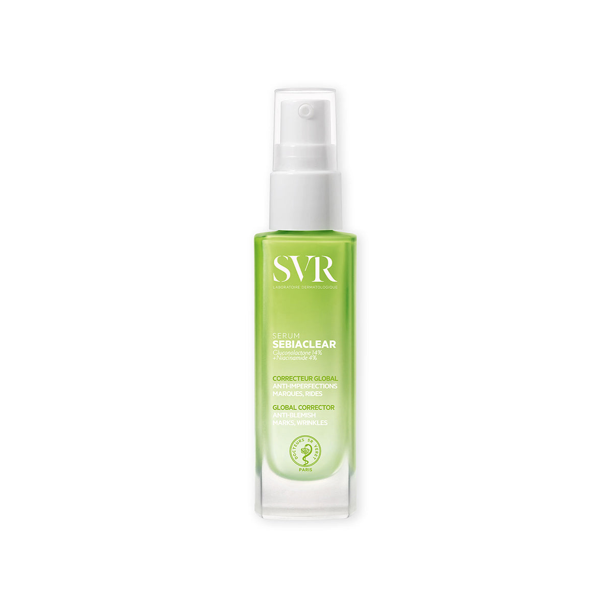 SVR SEBIACLEAR Serum in einer grünen Glasflasche mit weißem Pumpspender und weißer Beschriftung auf weißem Hintergrund.