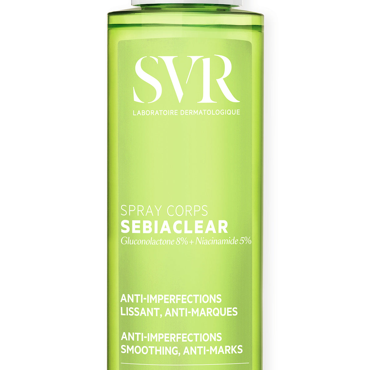 Transparente grüne SVR Sebiaclear Spray Corps Flasche mit weißer Beschriftung gegen Hautunreinheiten und Aknenarben.