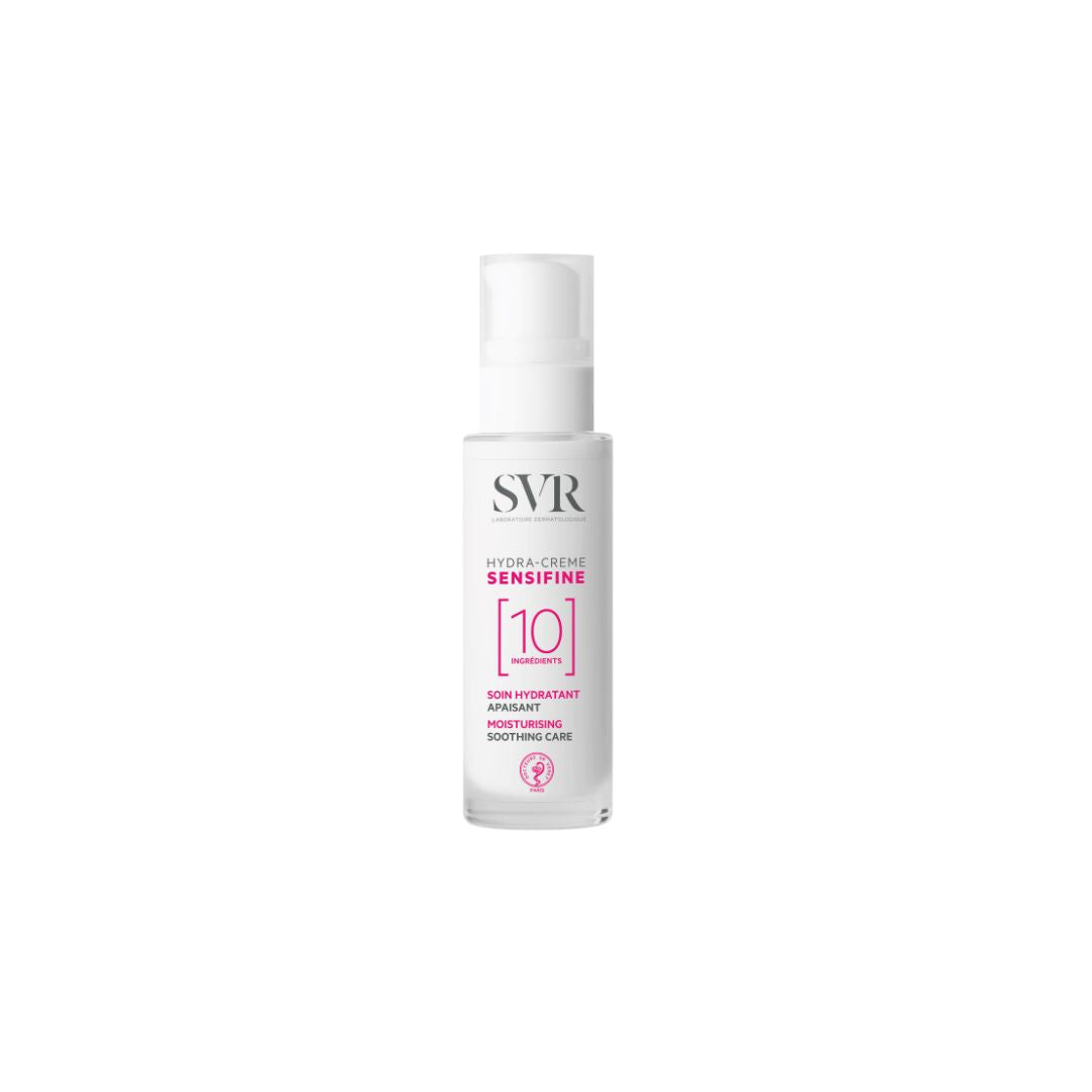 SVR Sensifine Hydra-Crème white pump bottle with pink text and 10 ingredients label on a clean white background.