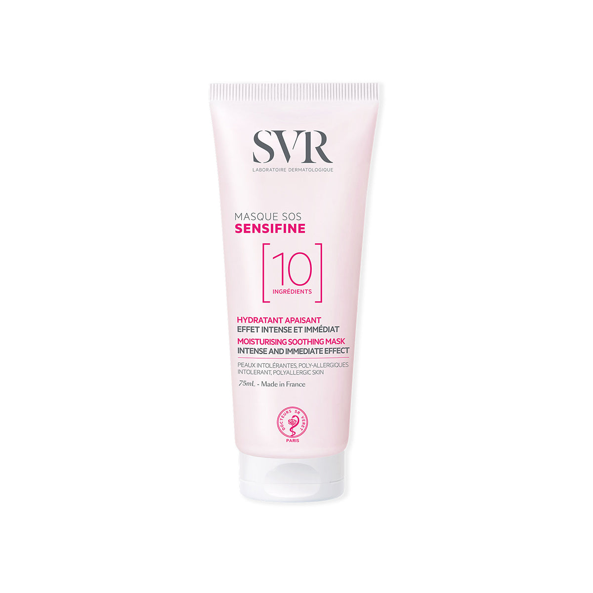 SVR SENSIFINE Masque SOS in einer hellrosa 75ml Tube zur Beruhigung empfindlicher und gereizter Haut.