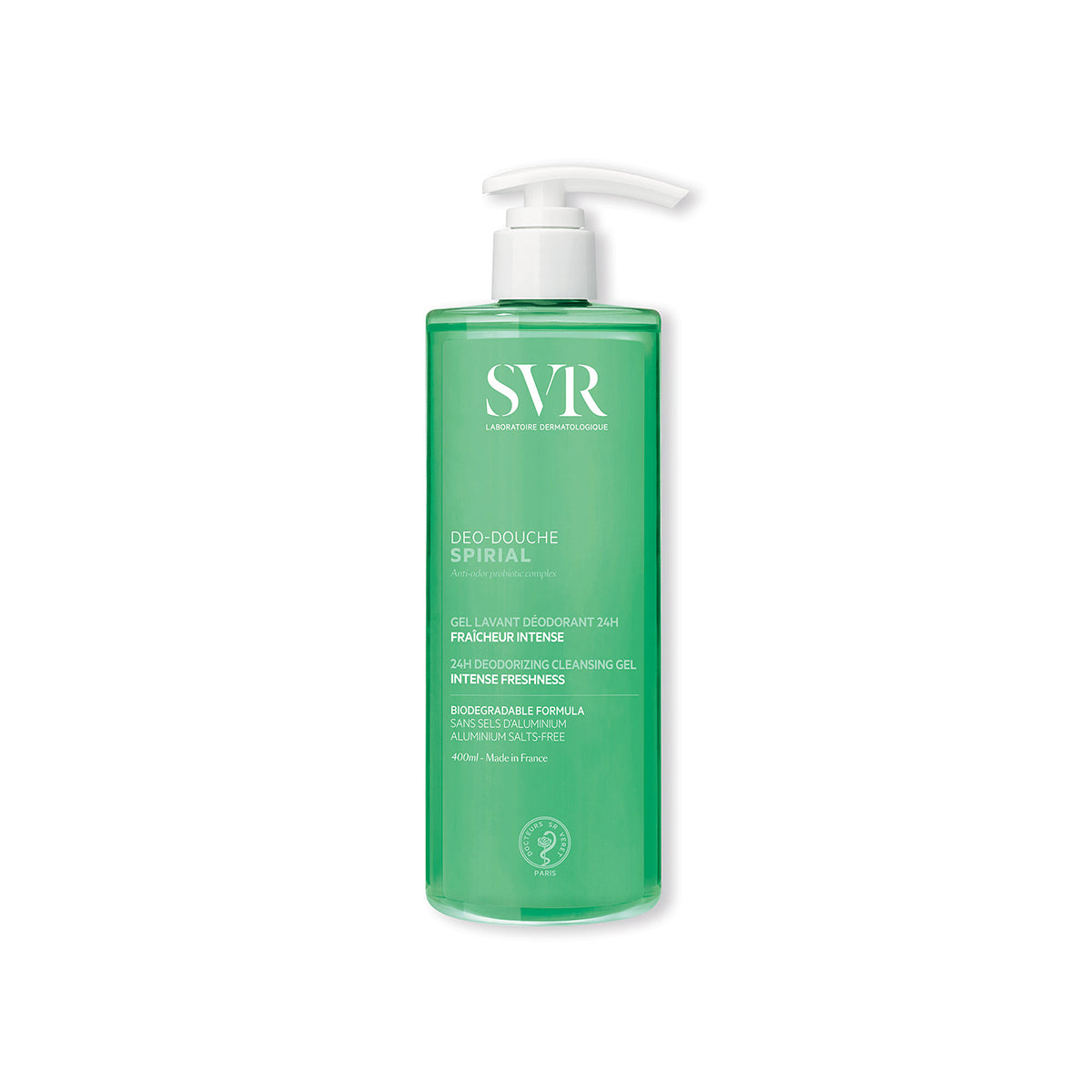 SVR Spirial Deo-Douche 400ml Duschgel in grüner, transparenter Flasche mit weißem Pumpspender und weißer Beschriftung.