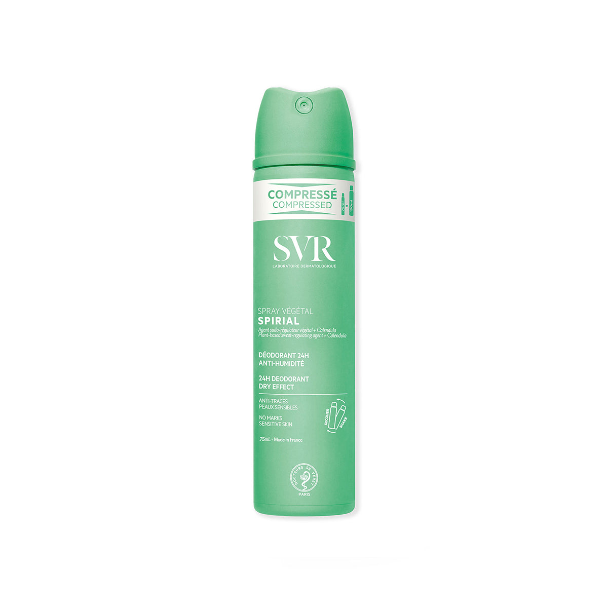Grüne SVR Spirial Végétal Deospray-Dose im kompakten 75ml-Format mit weißer Beschriftung auf weißem Hintergrund.