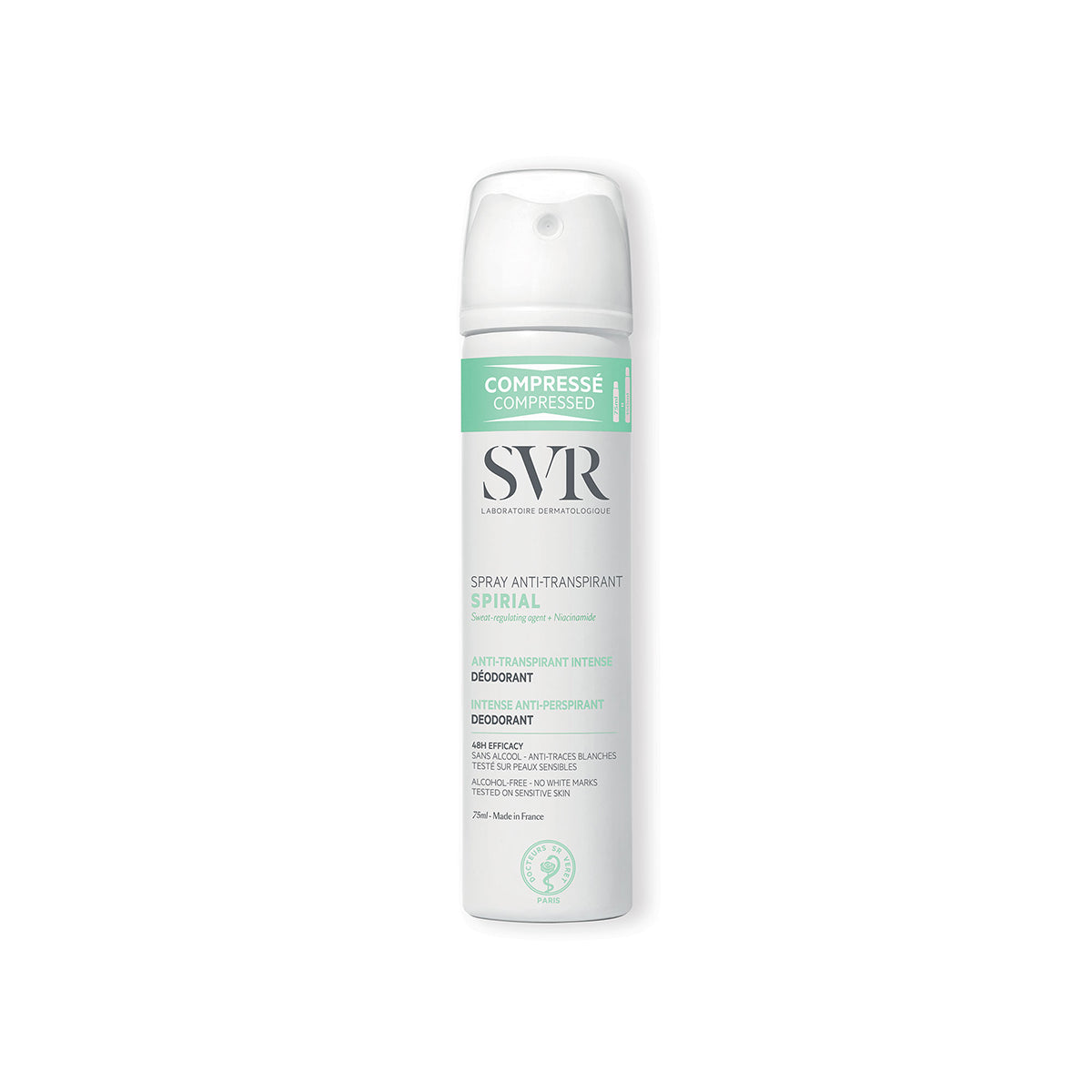 SVR Spirial komprimiertes Anti-Transpirant Spray in weißer 75ml Dose mit mintgrünen Akzenten und Sprühkopf.
