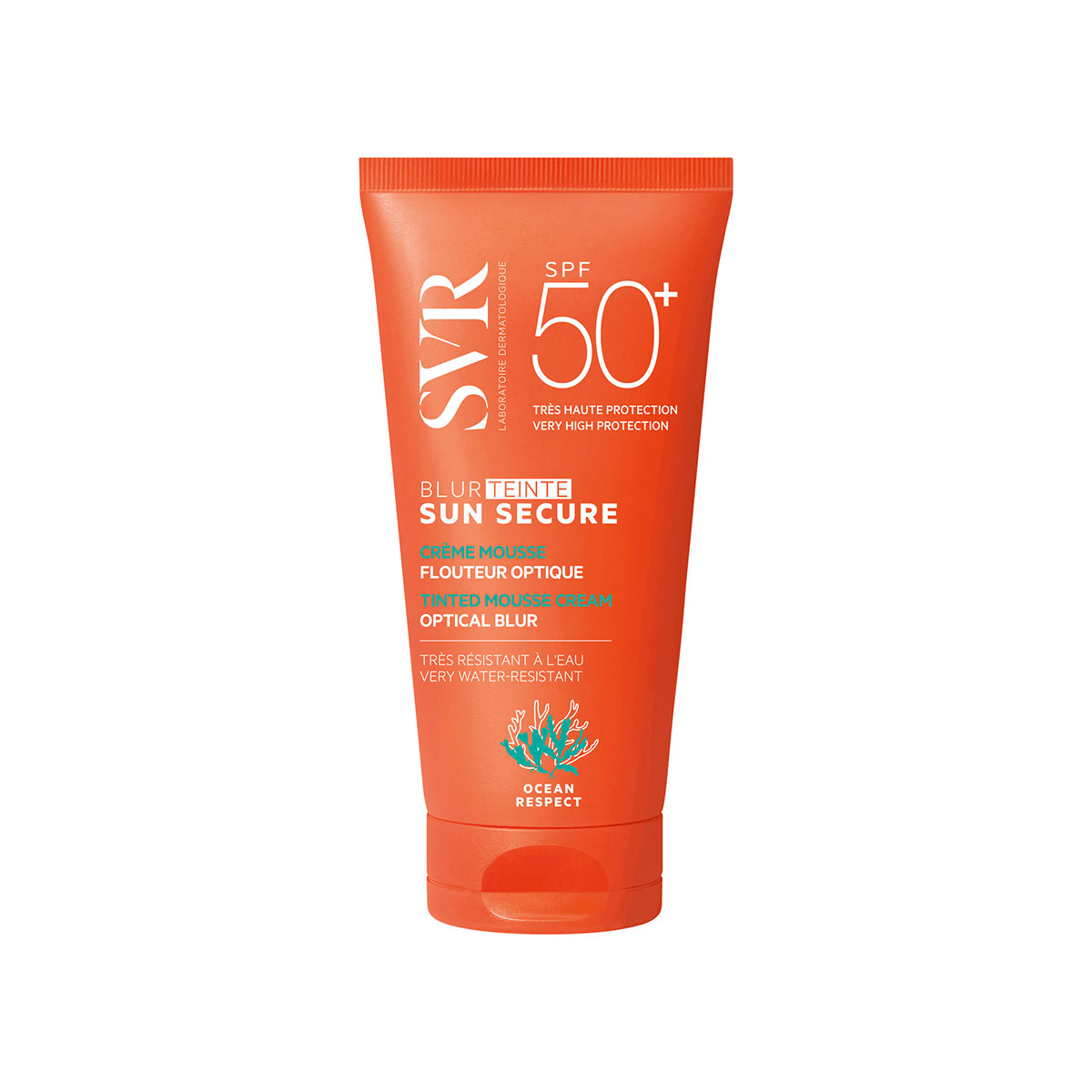 Orangefarbene SVR SUN SECURE Blur teinté SPF50+ Tube mit getönter Mousse-Textur für hohen Sonnenschutz.