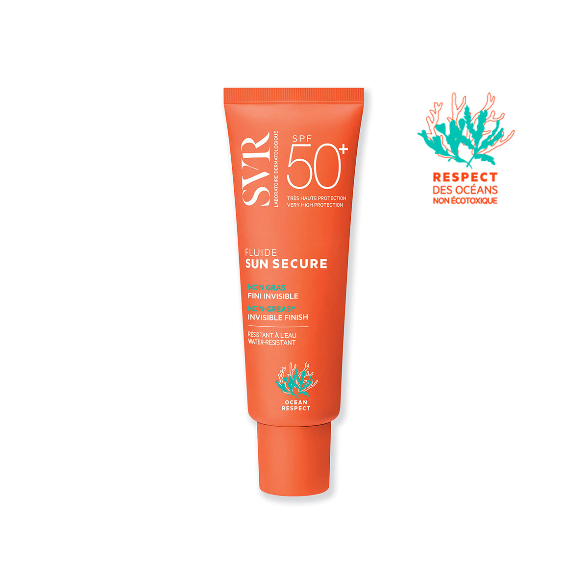 Orangefarbene SVR SUN SECURE Fluide SPF50+ Tube mit weißem Text und Korallen-Logo für ozeanfreundlichen Sonnenschutz.
