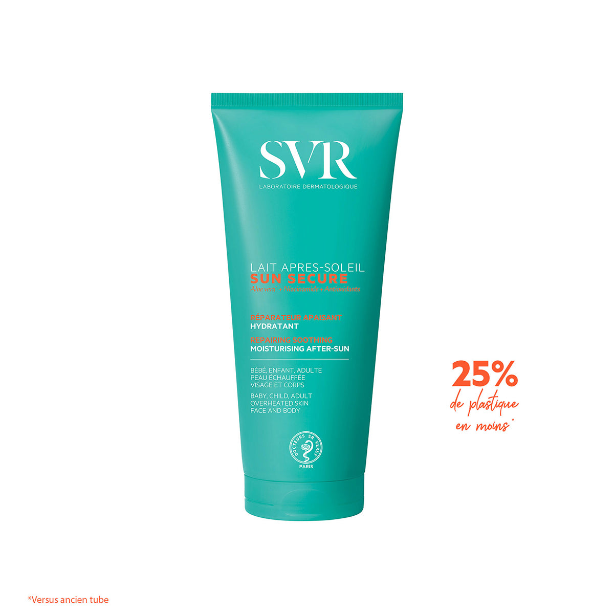 Türkisfarbene SVR SUN SECURE After-Sun-Milch Tube mit weißer Beschriftung und Hinweis auf 25 % weniger Kunststoff.