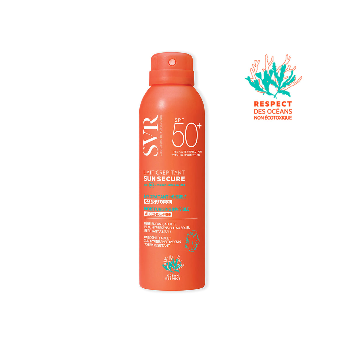 Sonnenschutzspray SVR Sun Secure Lait Crépitant SPF50+ in orangefarbener Sprühdose mit Korallen-Logo für den Meeresschutz.