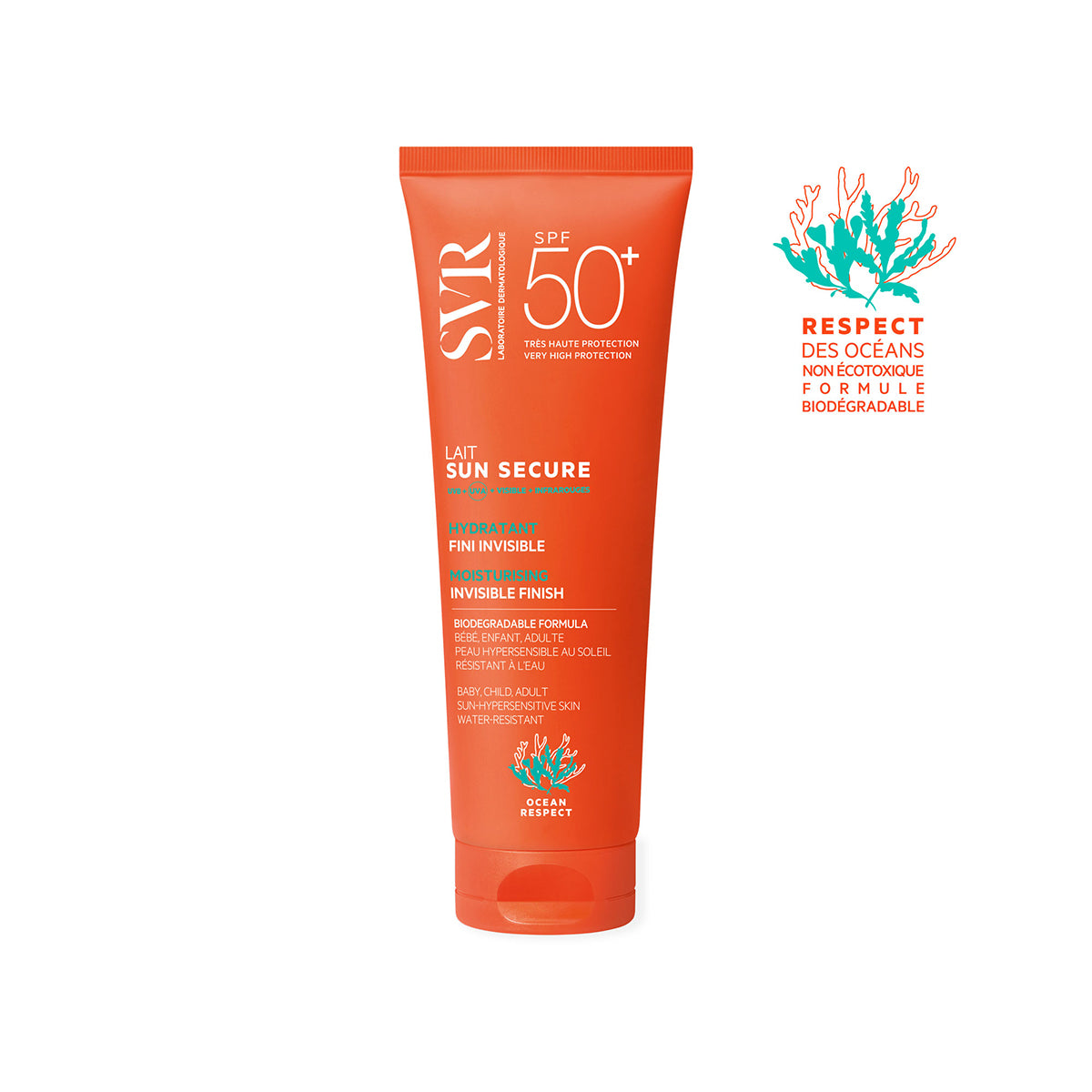 Orangefarbene SVR SUN SECURE Lait SPF50+ Sonnenmilch-Tube mit weißer Schrift und Korallen-Logo auf weißem Hintergrund.
