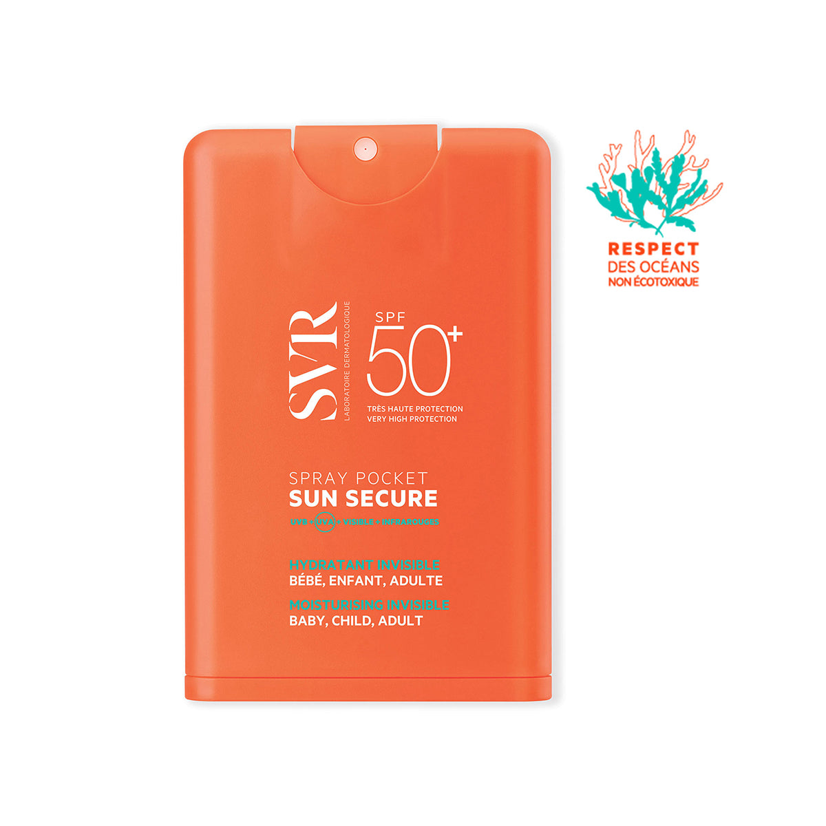 SVR SUN SECURE Spray Pocket SPF50+ in einer flachen, orangefarbenen Taschenflasche mit weißer Beschriftung und Korallen-Logo.