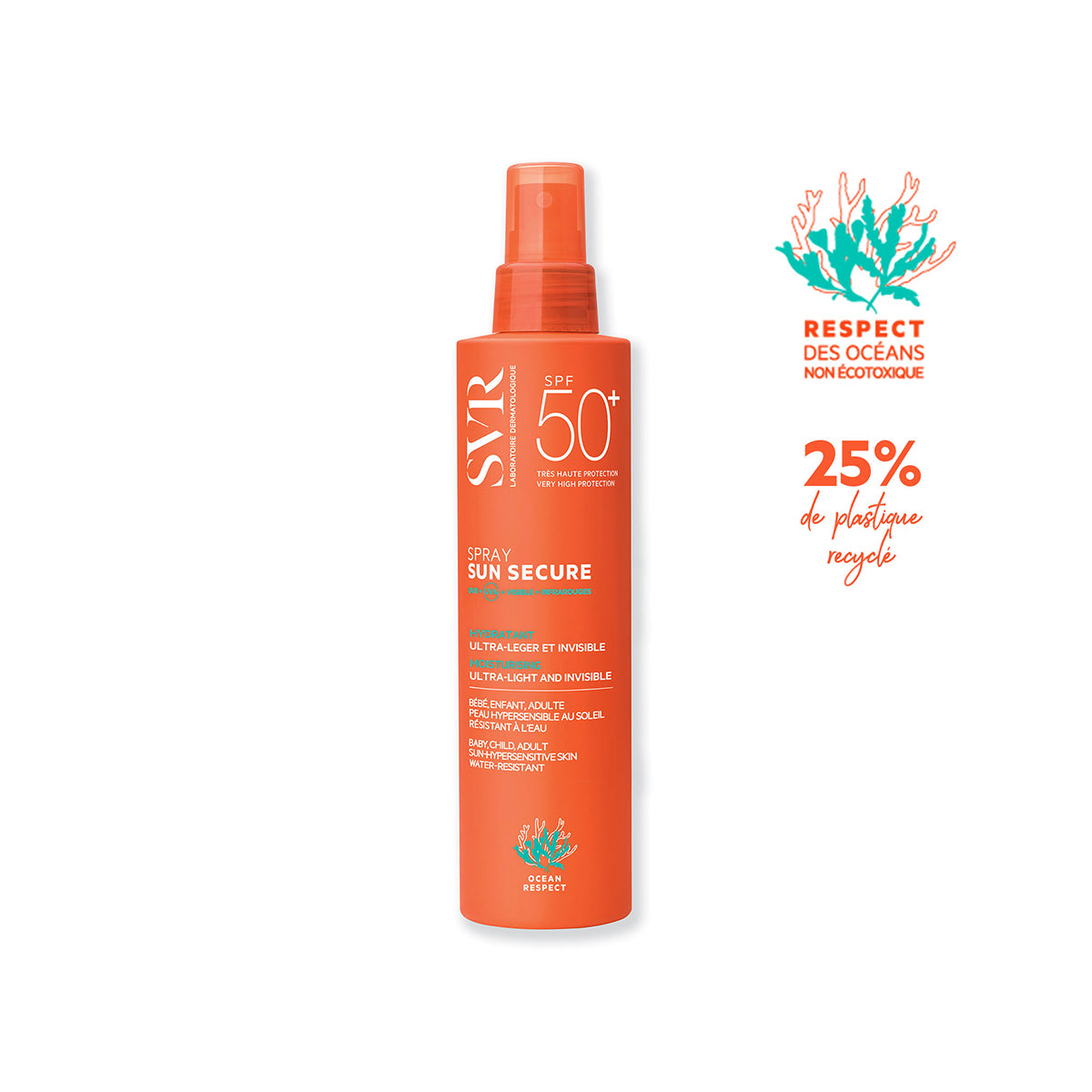 Orangefarbene SVR SUN SECURE Sprayflasche SPF50+ mit Sprühkopf vor weißem Hintergrund, inklusive Ozean-Schutz-Logo.