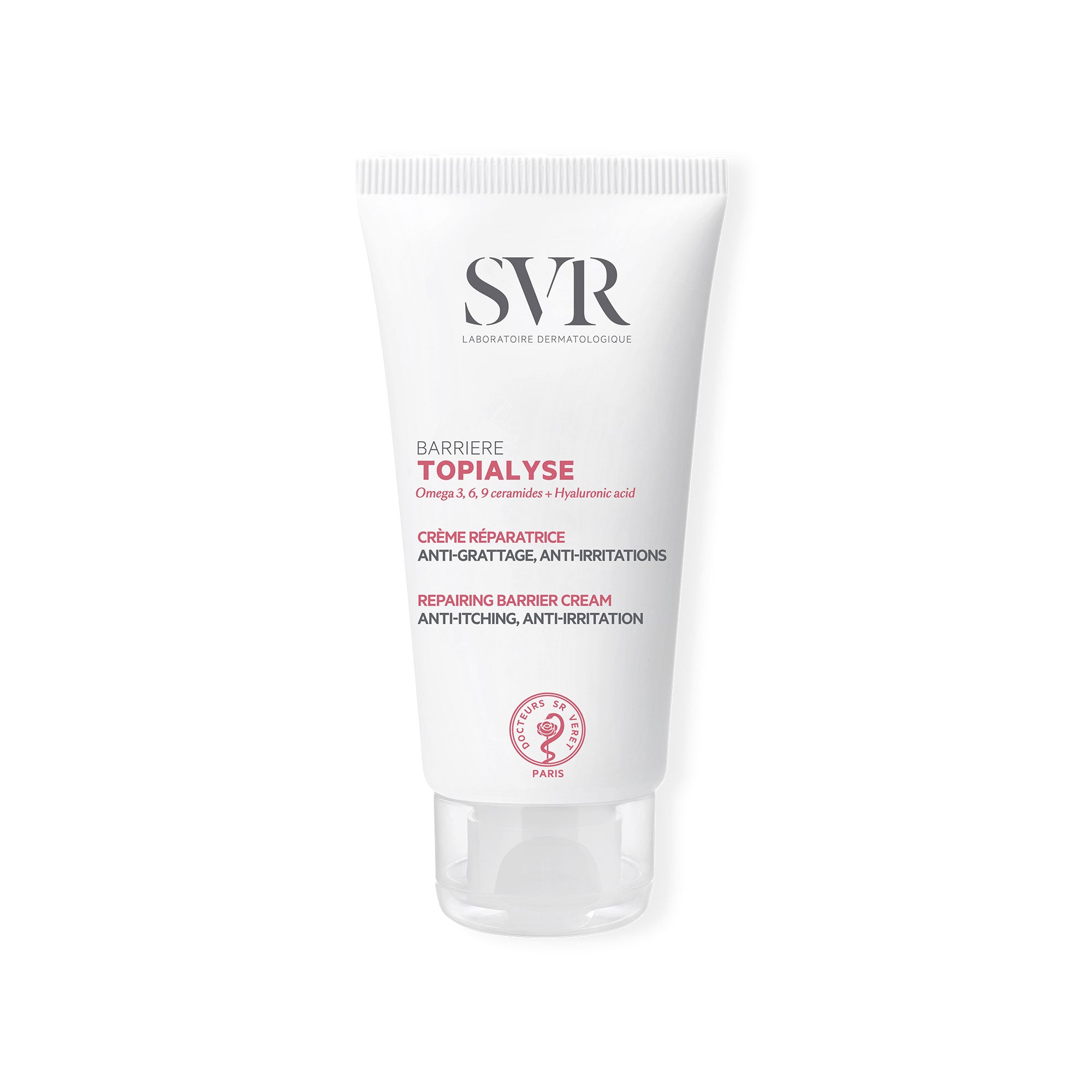 Weiße SVR TOPIALYSE Barrière Reparaturcreme in einer Tube mit transparentem Verschluss und roter Beschriftung.