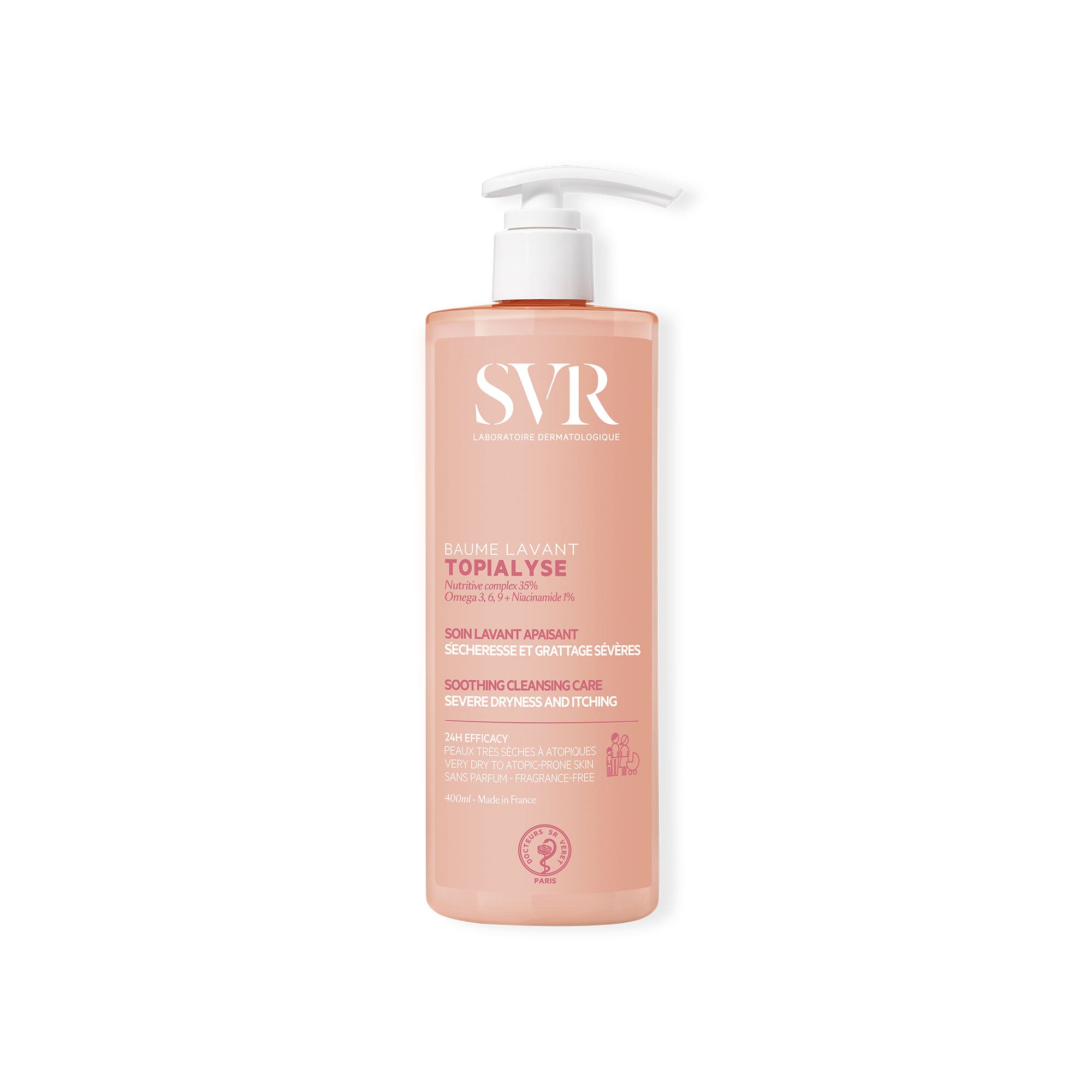 SVR TOPIALYSE Baume Lavant 400ml Pumpspender in pfirsichfarbener Flasche für sehr trockene, atopische Haut.