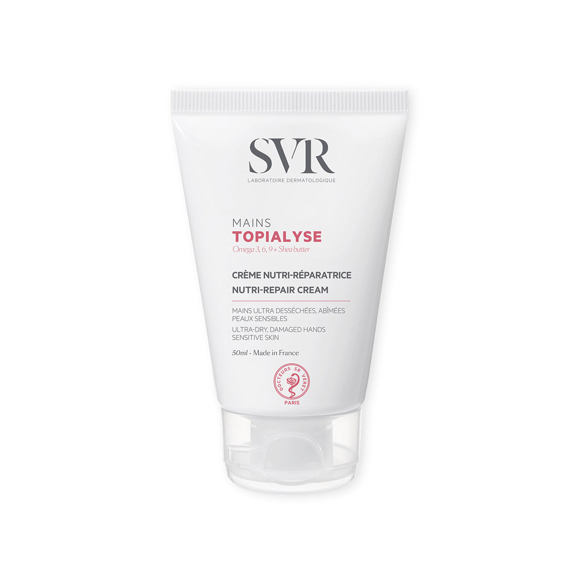Weiße 50ml SVR Topialyse Mains Handcreme-Tube mit roter Schrift und transparentem Klappdeckel auf weißem Hintergrund.